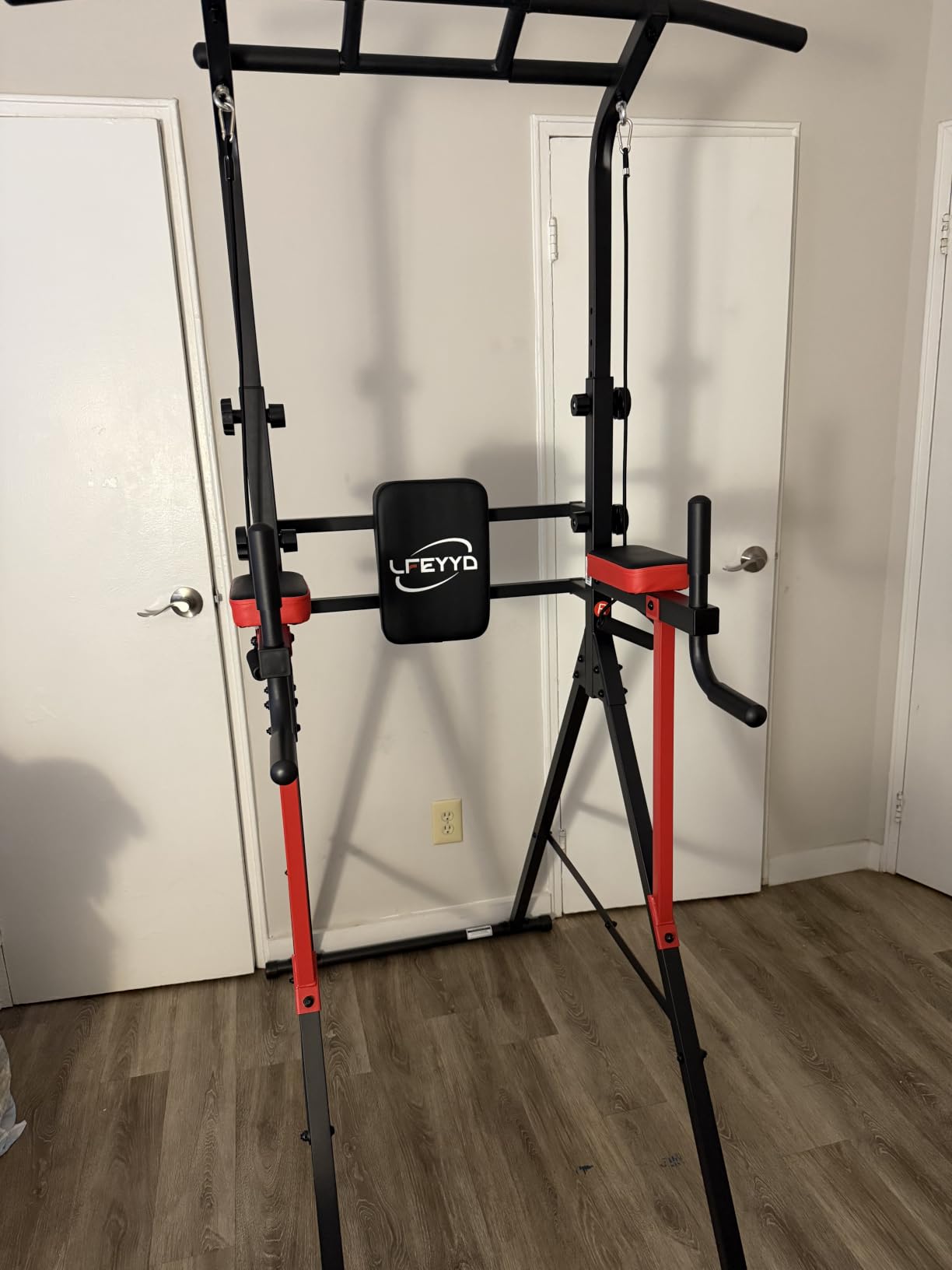 Power Tower Pull Up Bar Free Standing, Multi-Level Adjustable Height Dip Station, Multi-Grip Handles, Backrest, Home Gym Strength Training Equipment with Power Elastic Ropes 400LBS Capacity customer photo 2