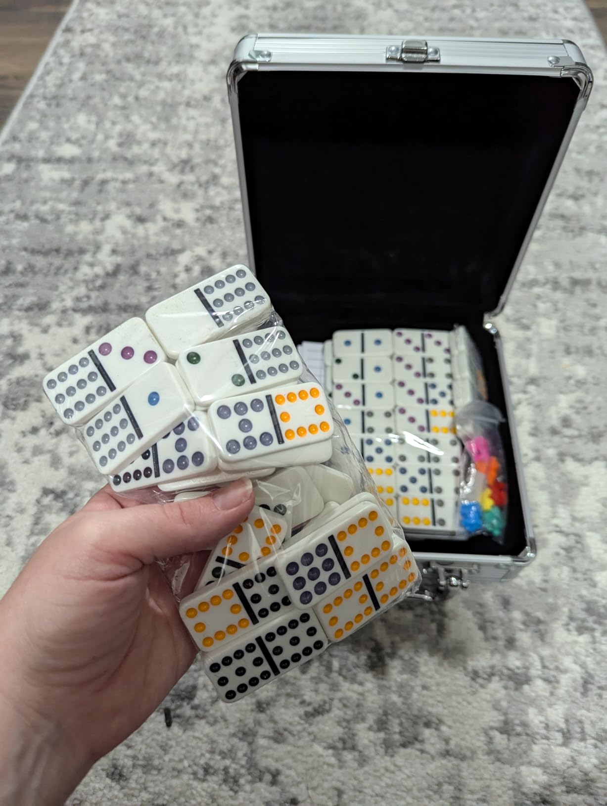 Spin Master Games Mexican Train Dominoes Set in Metal Case Classic Game | Includes 91 Dominoes, Plastic Trains & Case, Easy-to-Read Color-Coded Pips, Practice Matching Skills, 2-8 Players, Ages 8+ customer photo 1