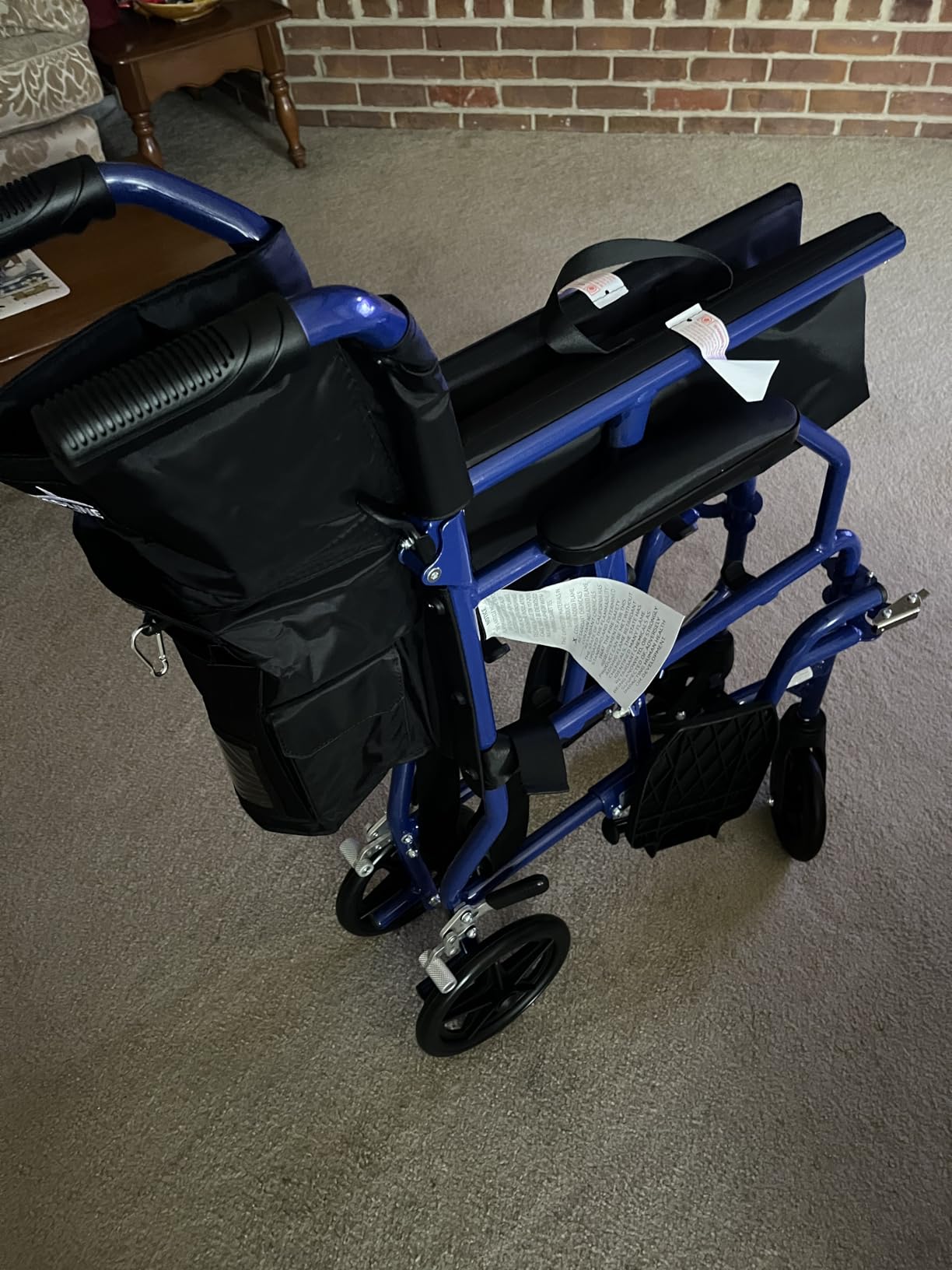 Medline Ultra Lightweight Transport Wheelchair for Adults, Foldable, 19-Inch Seat Width, Red Frame, Black Upholstery customer photo 2