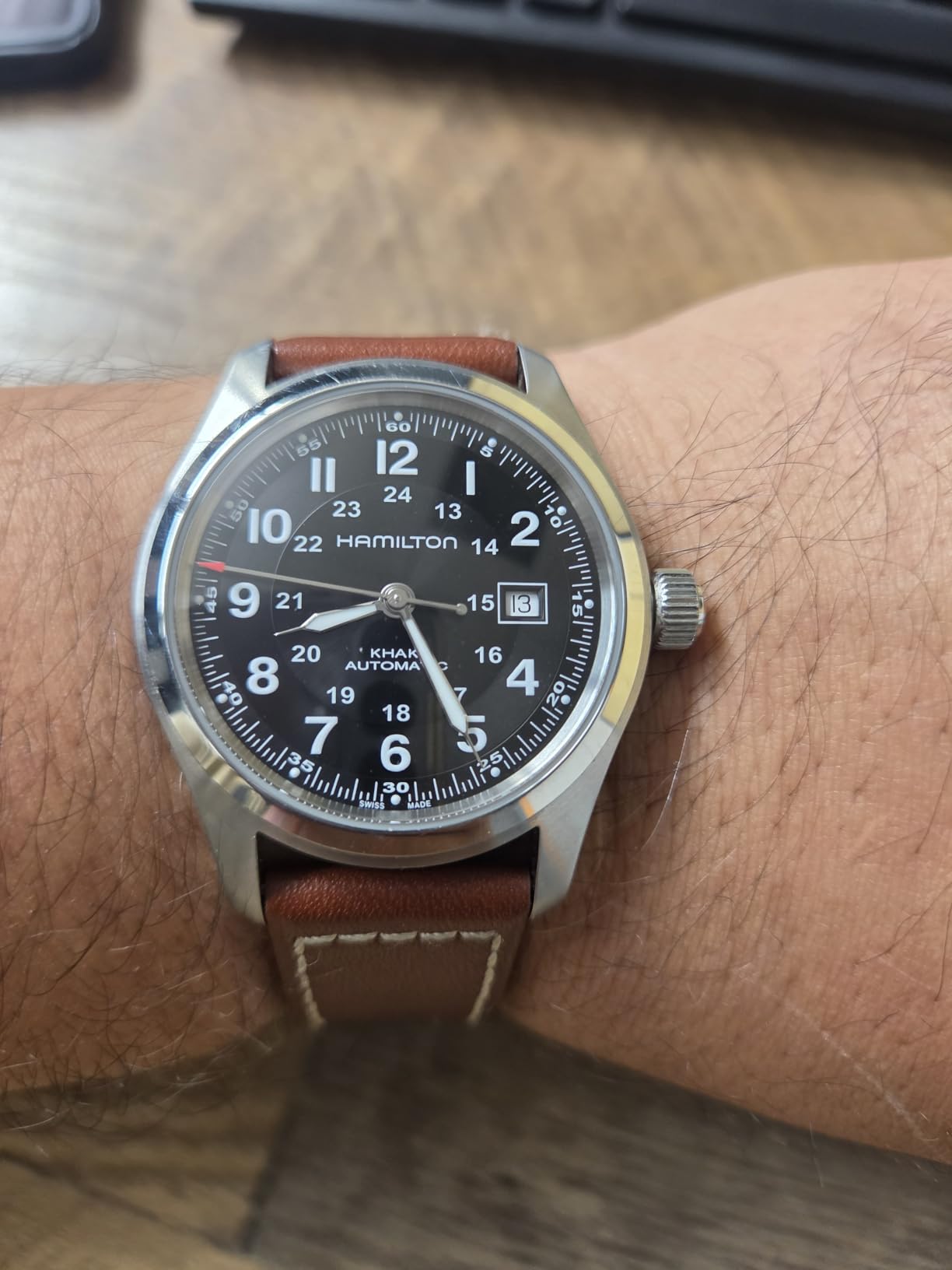 Hamilton Khaki Field Automatic Men's Watch, 42mm Stainless Steel Case, Swiss Made, Black Dial Analog Wrist Watch, 100m Waterproof, Sapphire Crystal, 3-Hand Movement, Cow Leather Strap customer photo 1