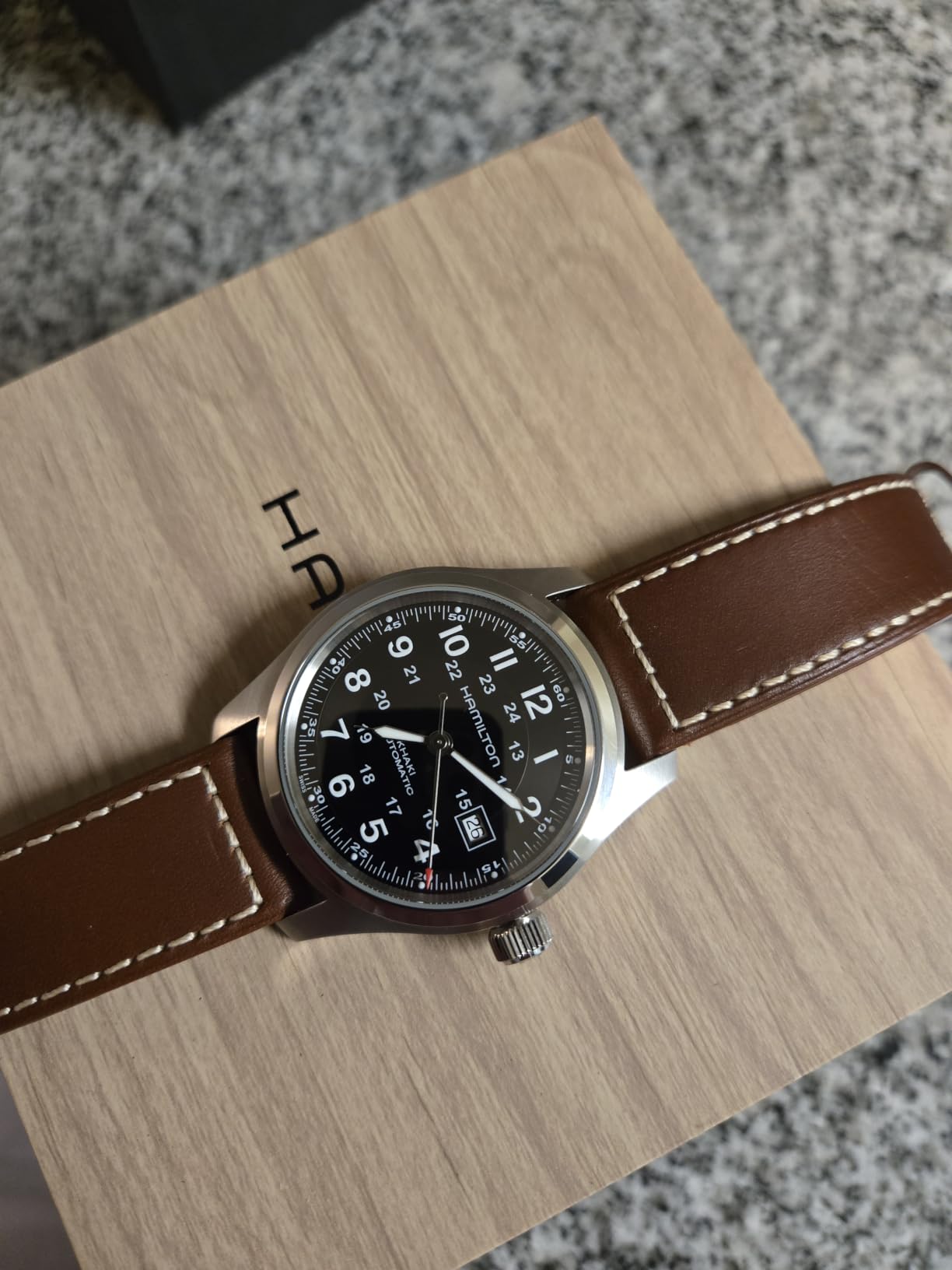 Hamilton Khaki Field Automatic Men's Watch, 42mm Stainless Steel Case, Swiss Made, Black Dial Analog Wrist Watch, 100m Waterproof, Sapphire Crystal, 3-Hand Movement, Cow Leather Strap customer photo 2