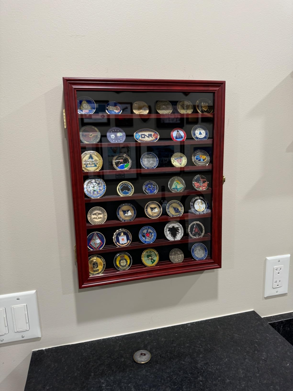 Military Challenge Coin Display Case Wall Mount Cabinet Poker Chips Holder Display Case Stand Rack Mahogany Finish Frame Pro 98% UV Protection customer photo 2
