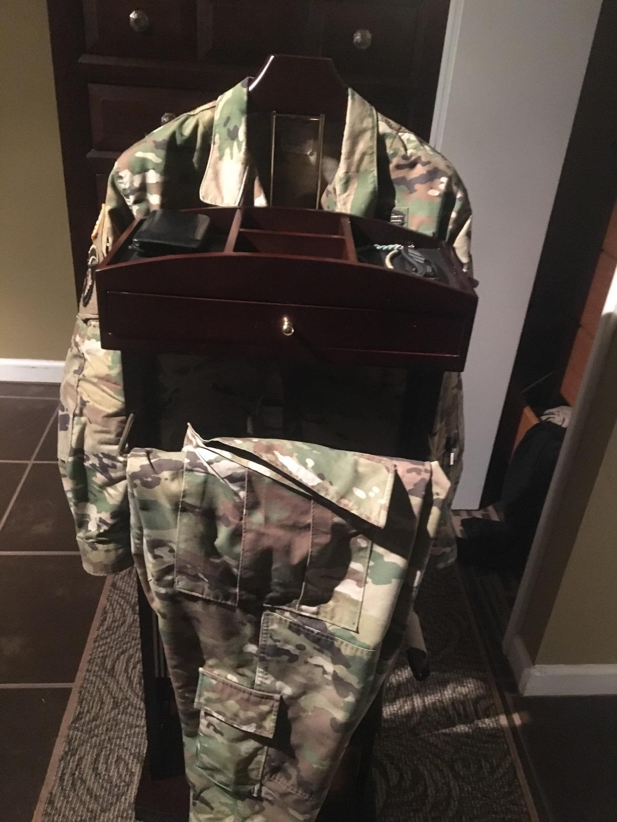 Proman Products Milan Valet Stand with Drawer, Top Tray, Contour Hanger, Trouser Bar, Tie & Belt Hooks and Shoe Rack - VL16226, Dark Walnut customer photo 1