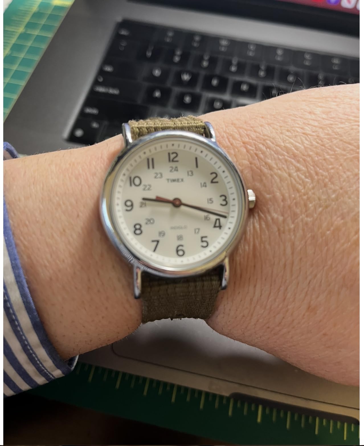 Timex Weekender 38mm Unisex Analog Watch | INDIGLO Backlight | Adjustable Durable Nylon Fabric Slip Through Strap | 24 Hour Time customer photo 1