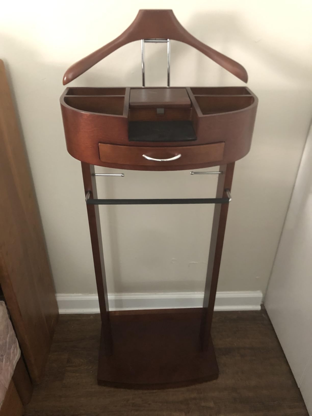 Proman Products Wooden Suit Valet Stand for Men with Drawer and Shoe Rack | Crescent Moon valet stand features a top tray, contour hanger, trouser bar, belt hooks, and shoe rack. customer photo 2