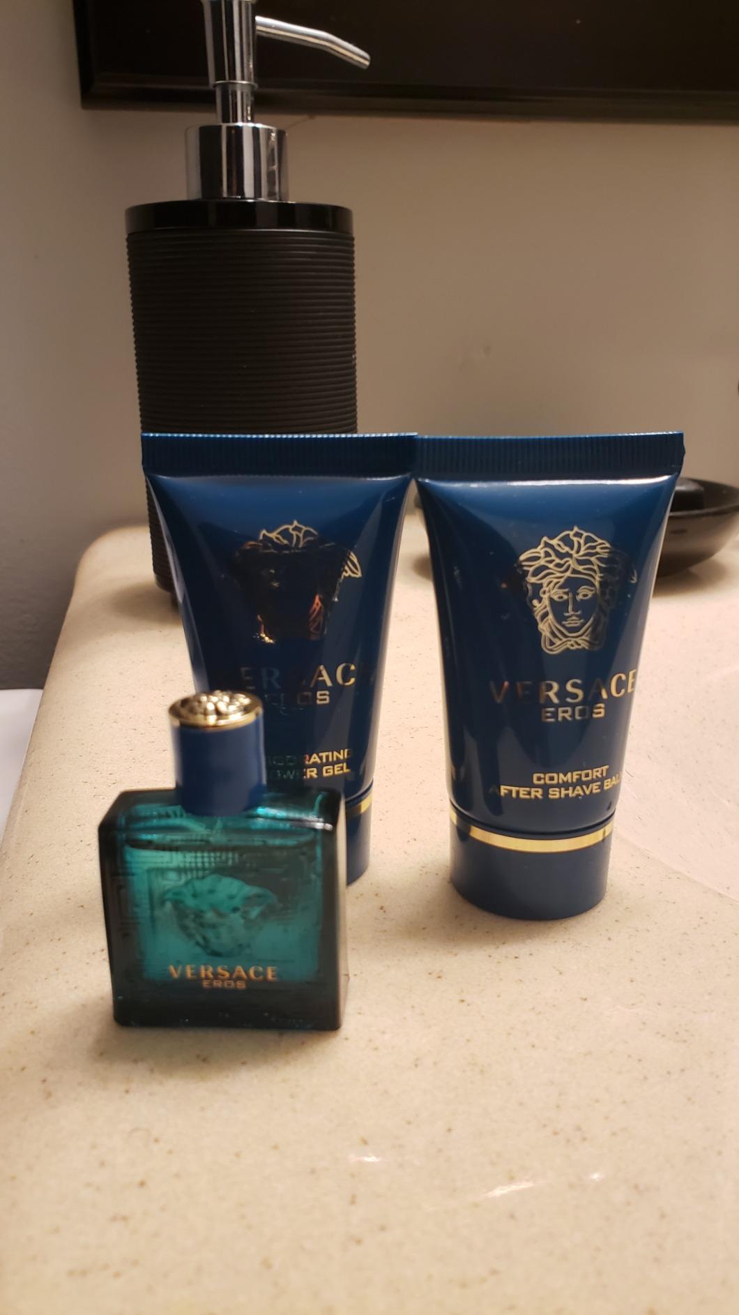 Versace Eros Perfume for Men 3 Piece Mini Gift Set | EDT Splash, Shower Gel & After Shave Balm, designer grooming gift set, travel size, fragrance sampler, luxury gift customer photo 1