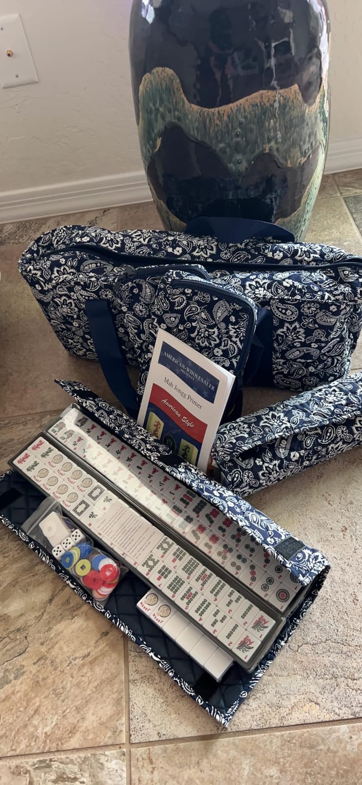 Linda Li New! - American Mahjong Set 166 Premium White Tiles, 4 All-in-One Rack/Pushers, Blue Paisley Soft Bag - Classic Full Size Complete Mahjongg Set customer photo 1