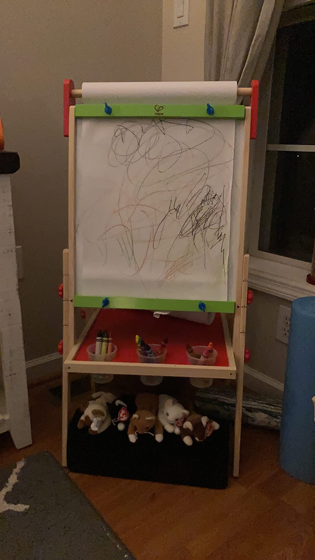 Hape E1010 Magnetic All in 1 Kids Height Adjustable Drawing Dry-Erase Chalkboard Wooden Artist Easel with 3 Paint Pots and Refillable Paper Roll customer photo 2