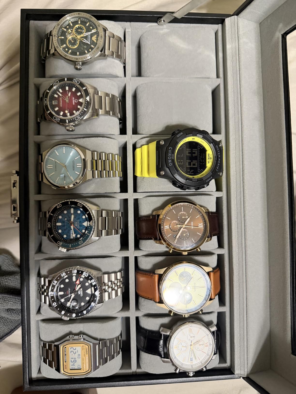 SONGMICS Watch Box, 12-Slot Watch Case Organizer with Large Glass Lid, 2 Layers, Removable Pillows, Metal Lock, Gift for Loved Ones, Black Synthetic Leather, Gray Lining UJWB012 customer photo 2
