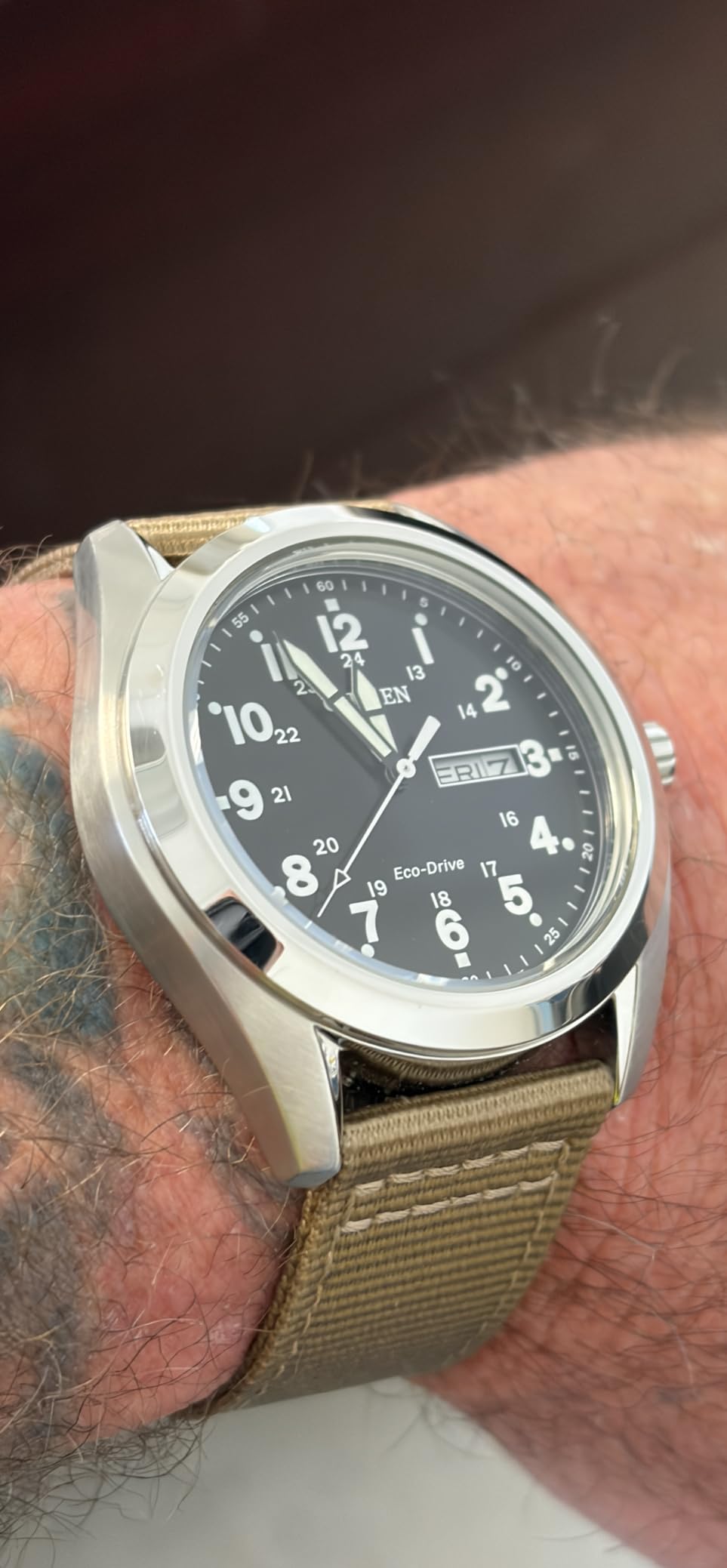 Citizen Men's Eco-Drive Weekender Garrison Field Watch in Stainless Steel, Black Dial, Arabic Markers, Luminous, 43mm (Model: AW0050-82E) customer photo 1
