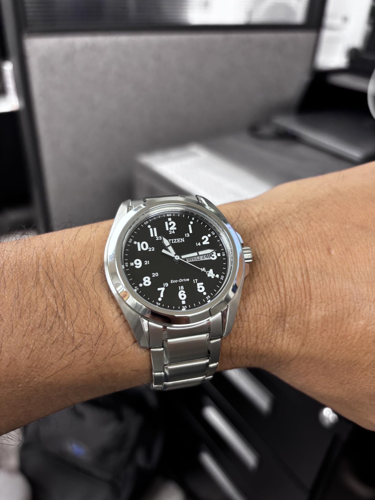 Citizen Men's Eco-Drive Weekender Garrison Field Watch in Stainless Steel, Black Dial, Arabic Markers, Luminous, 43mm (Model: AW0050-82E) customer photo 2