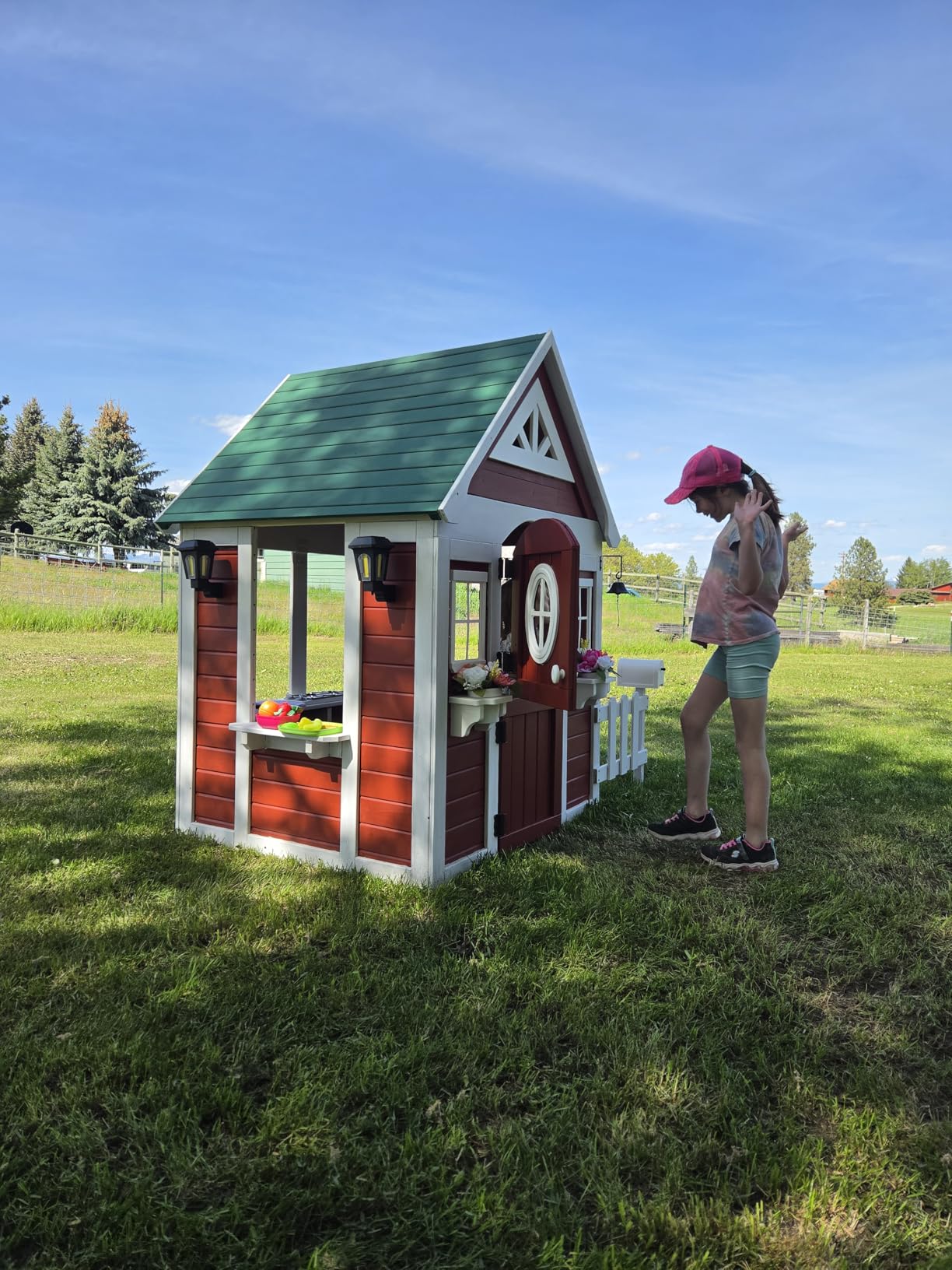 Backyard Discovery Aspen Cedar Wooden Kids Playhouse Cottage with Play Kitchen, Snack Bar, Picnic Bench, Dinner Bell, Mailbox, Dutch Door, Flowerpot Holders, Toy Lights, Country Style for Outdoor Play customer photo 1