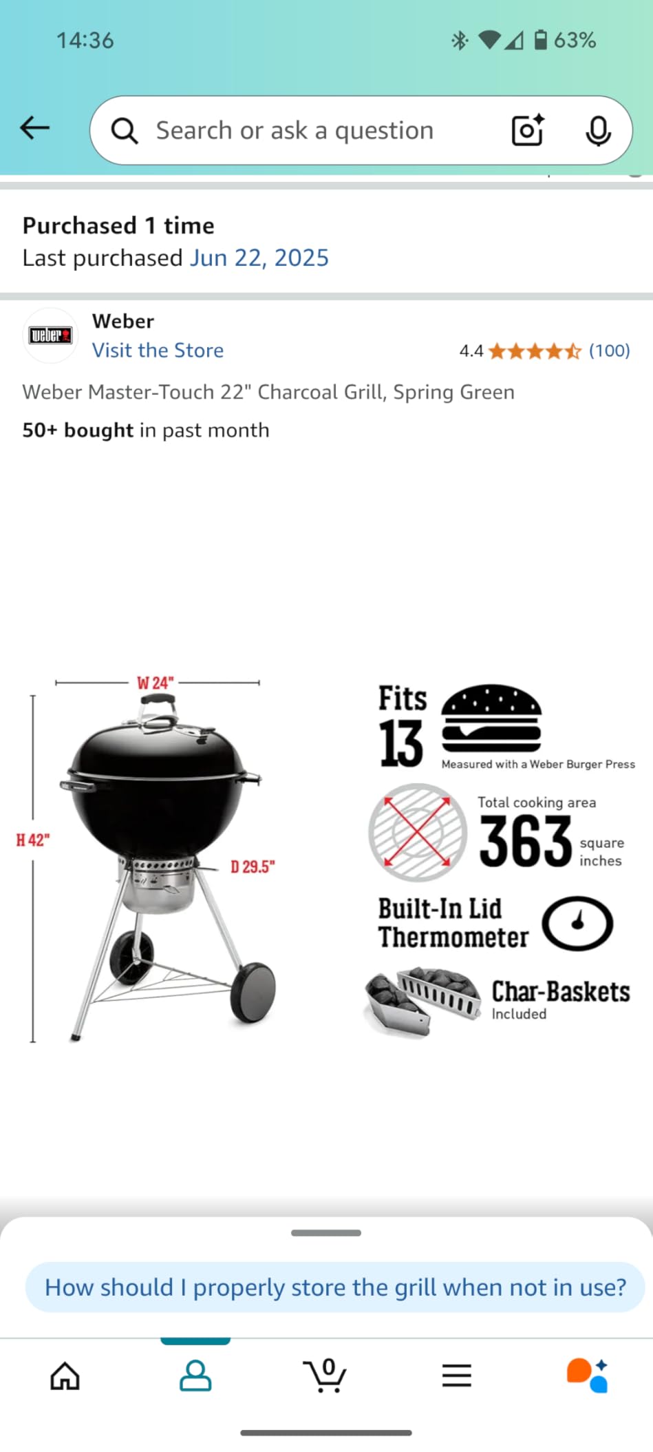Weber Master-Touch Charcoal Grill, 22-Inch, Slate Blue customer photo 1