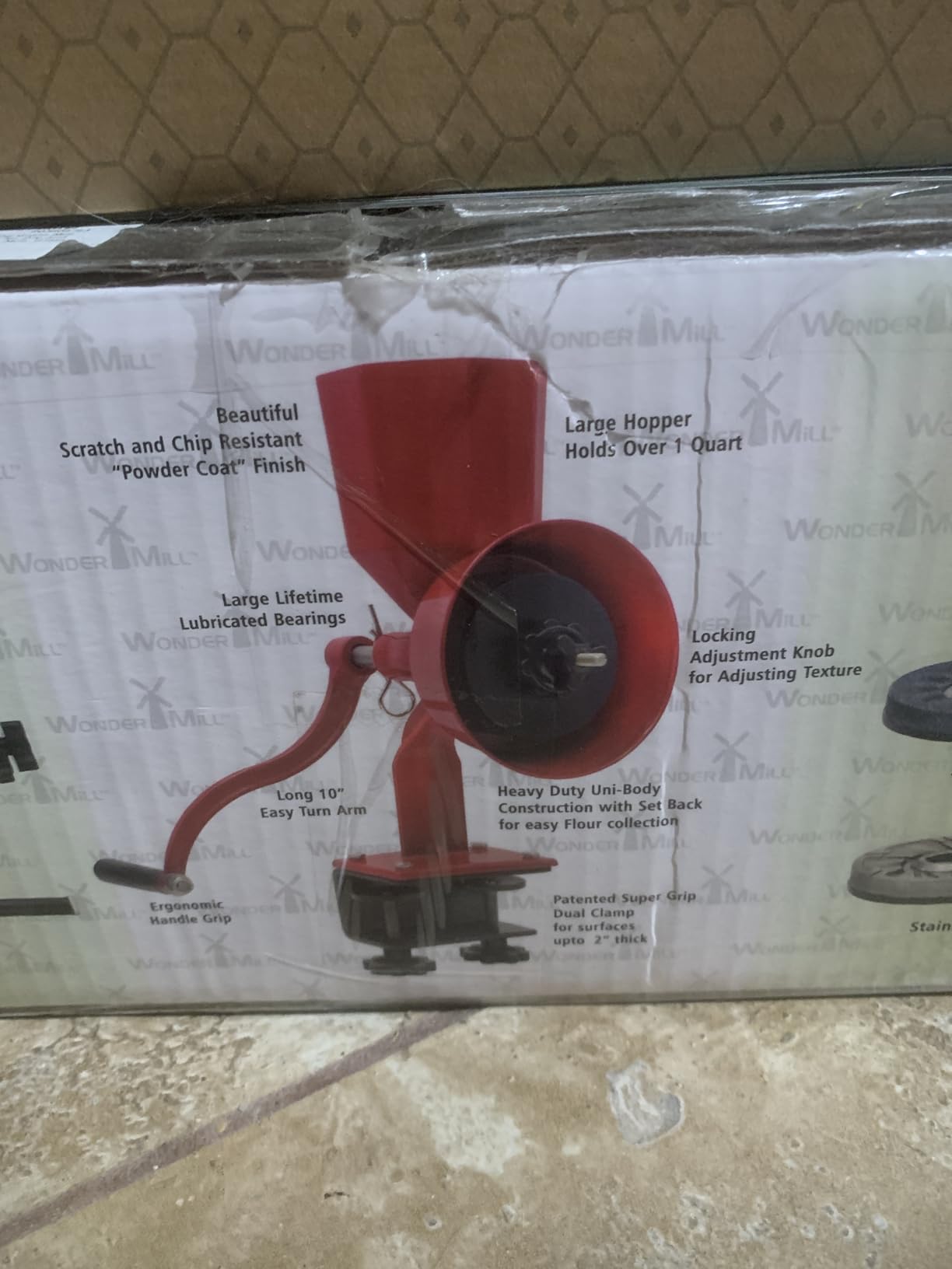 WONDERMILL Junior Deluxe Grain Mill for Flour, Hand Crank Wheat Mill for Grains, Nuts, Seeds, Oily Foods & Spices, Grain Grinder with Stone and Stainless Steel Burrs (Red) customer photo 1