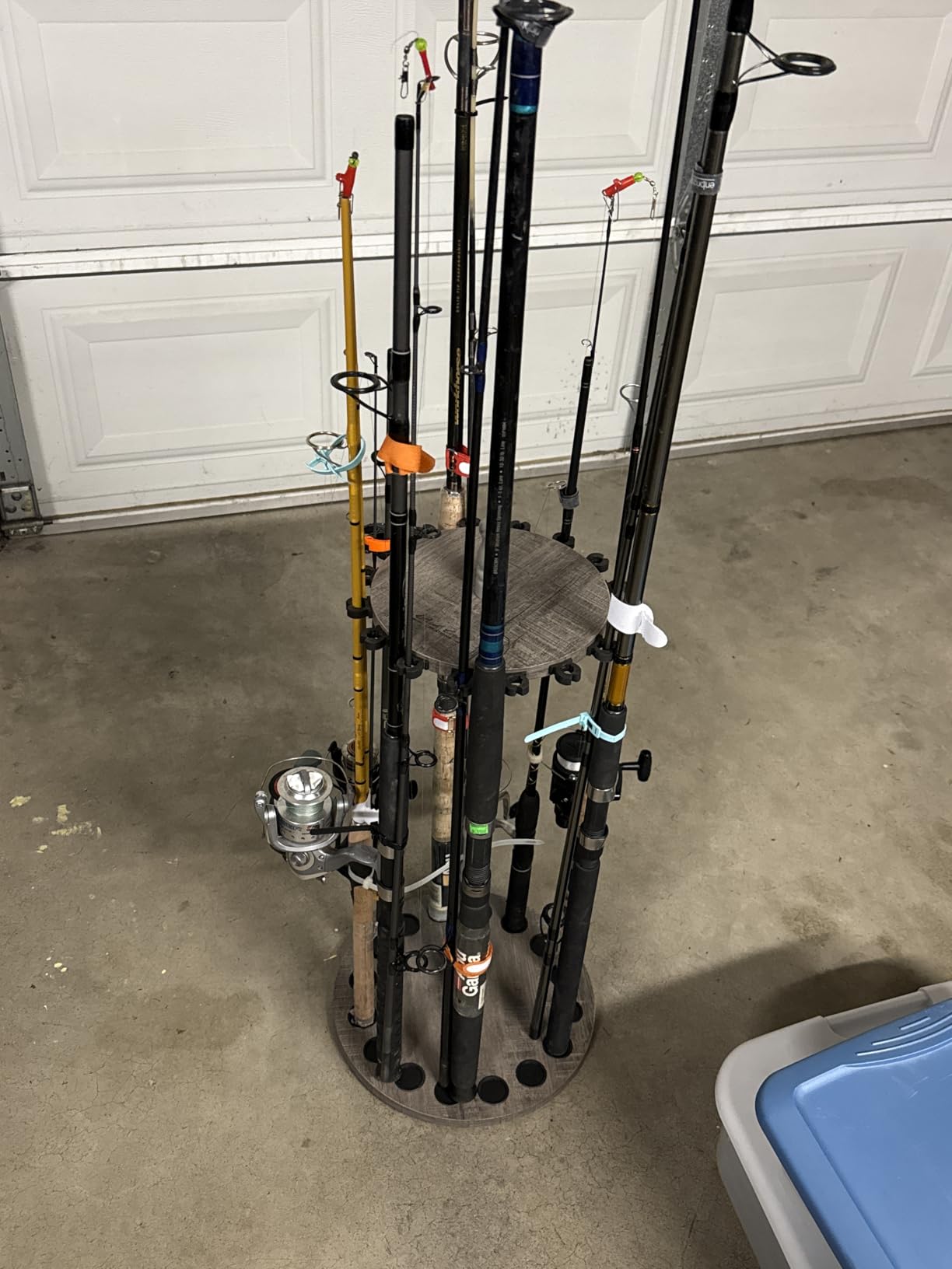 Rush Creek Creations 16-Rod Round Fishing Rod Holder for Garage, Tackle Box | 360 Access Fishing Pole Holder for Rods, Reels, Gear, Accessories, And Tackle Box, Securely Holds 16 Rods, Light Wood Grain customer photo 2