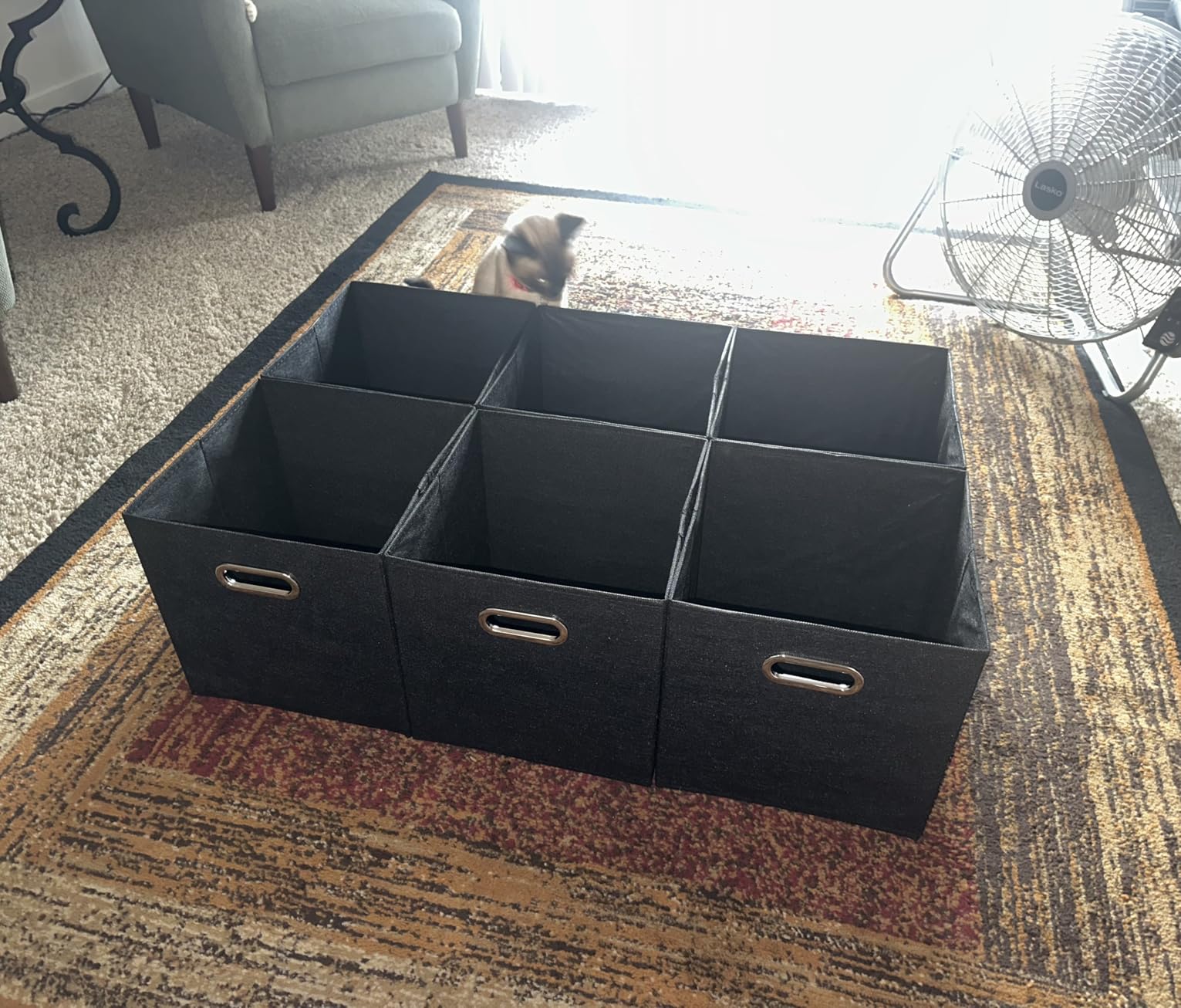 Household Essentials Fabric Storage Bins 6 Piece Set, Strong Poly-Woven Fabric, Sturdy Chipboard Sides, Grommet Front Handle, Stackable and Foldable, Classic Design, Navy customer photo 2