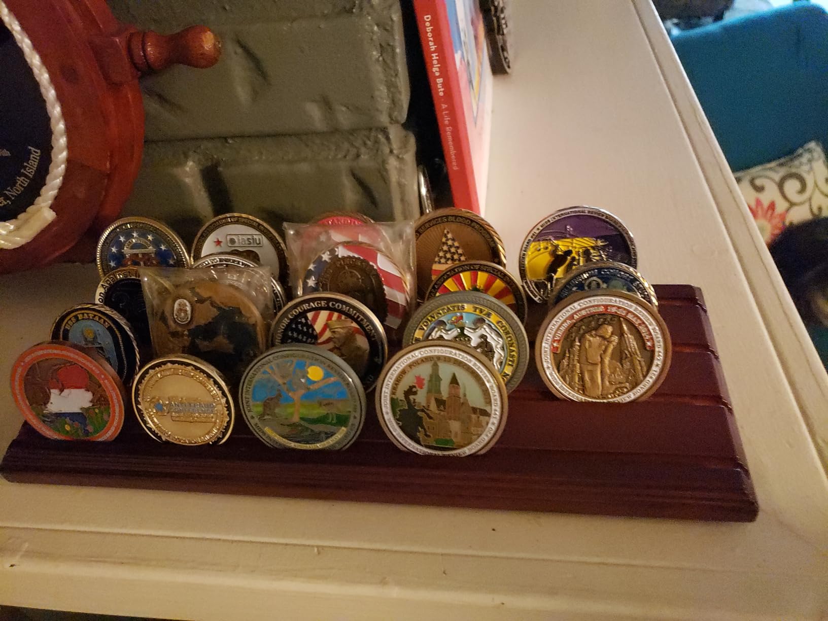 DisplayGifts Challenge Coin Display Stand 4 Row Wooden Holder Rack Case Holds 28 Coins Walnut Finish customer photo 1