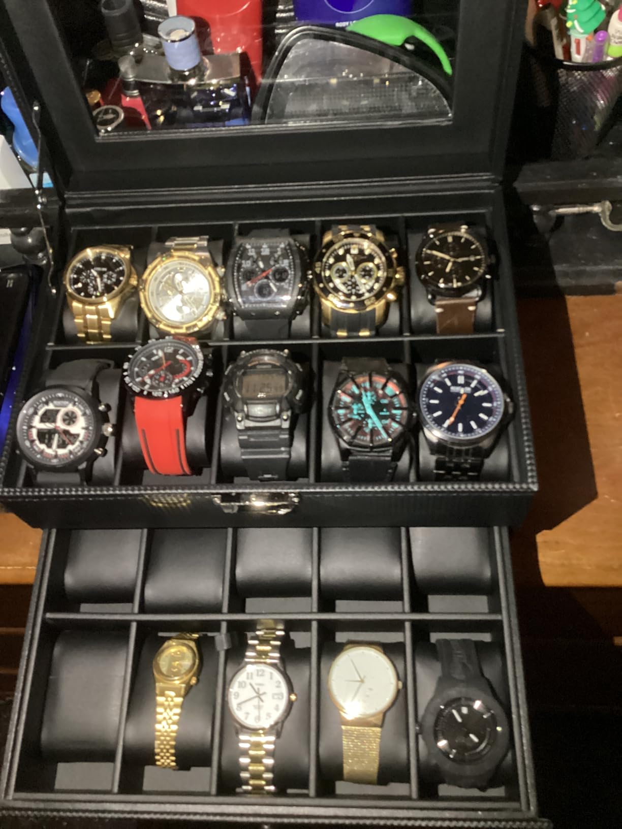 BEWISHOME Watch Case, 20-Slot Watch Box Organizer with Large Glass Lid | Watch Cases for Men with Removable Watch Pillows, Synthetic Leather, Watch Storage Box, Watch Display Case, Black SSH04B customer photo 1