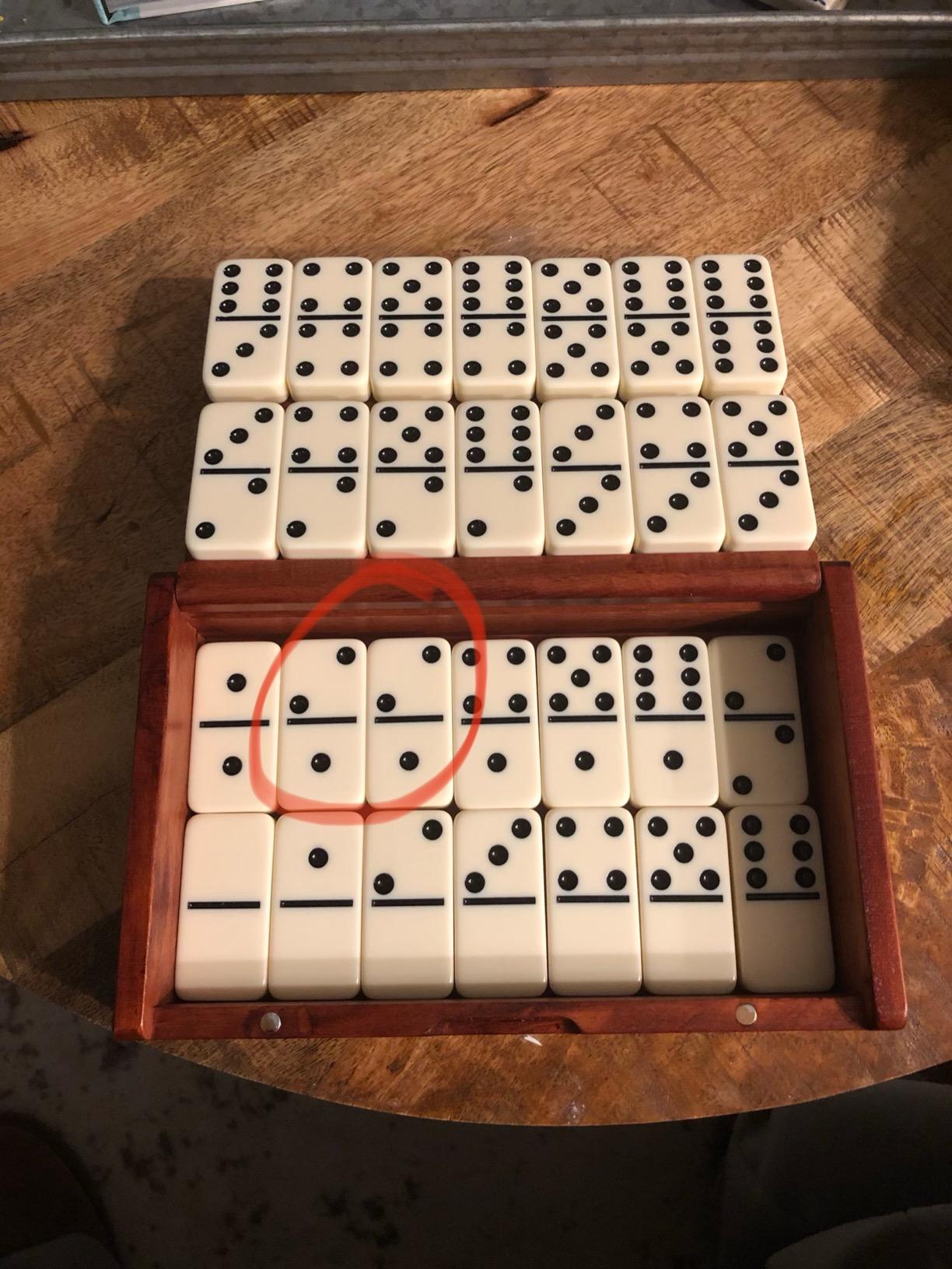 Yellow Mountain Imports YMI Double 6 Dominoes Set with Dark Oak Wood Case | 28 jumbo double 6 dominoes, 2.2 x 1.1 x 0.5 in each, in an 8.6 x 5.31 x 1.57 in oak case, 2 lbs. Spinners not included. customer photo 2