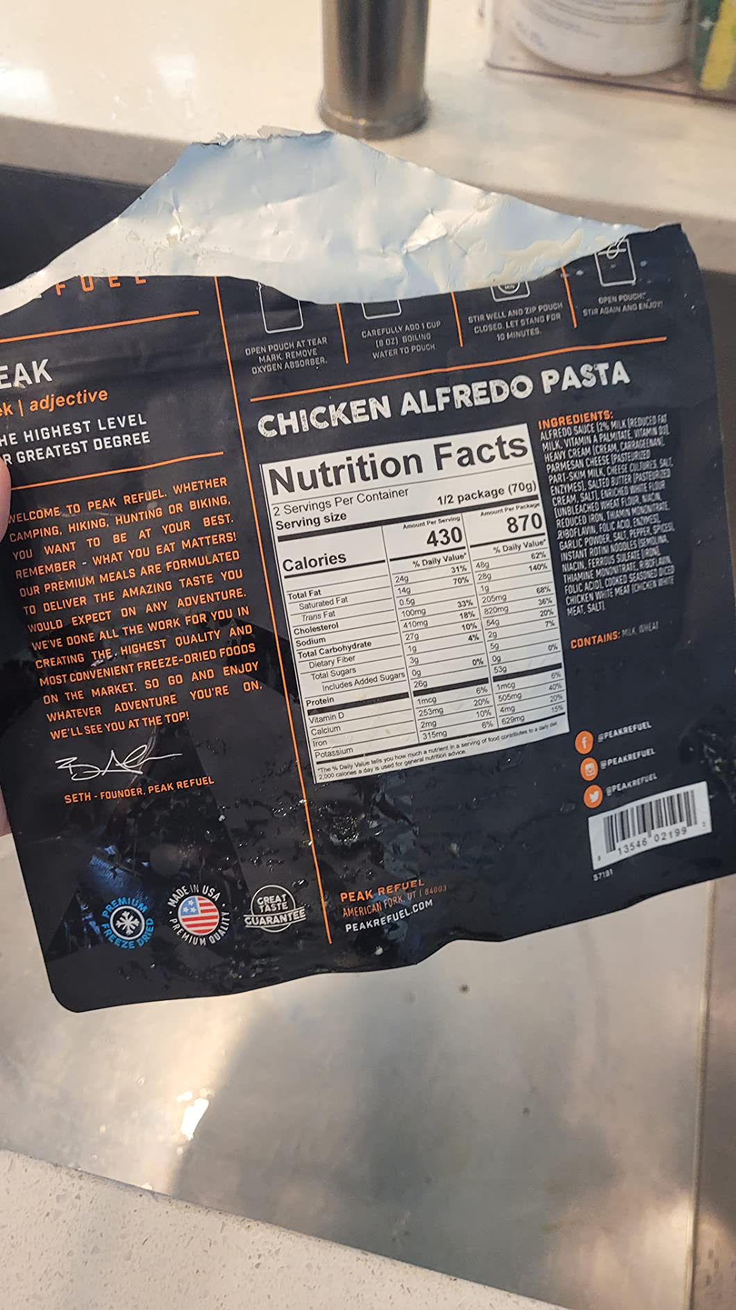Peak Refuel Chicken Alfredo Freeze-Dried Meal, 48g Protein, 2 Servings | 48g protein, 100% real meat, non-GMO ingredients, no fillers, freeze-dried, just add water, 2 servings, backpacking meal customer photo 1