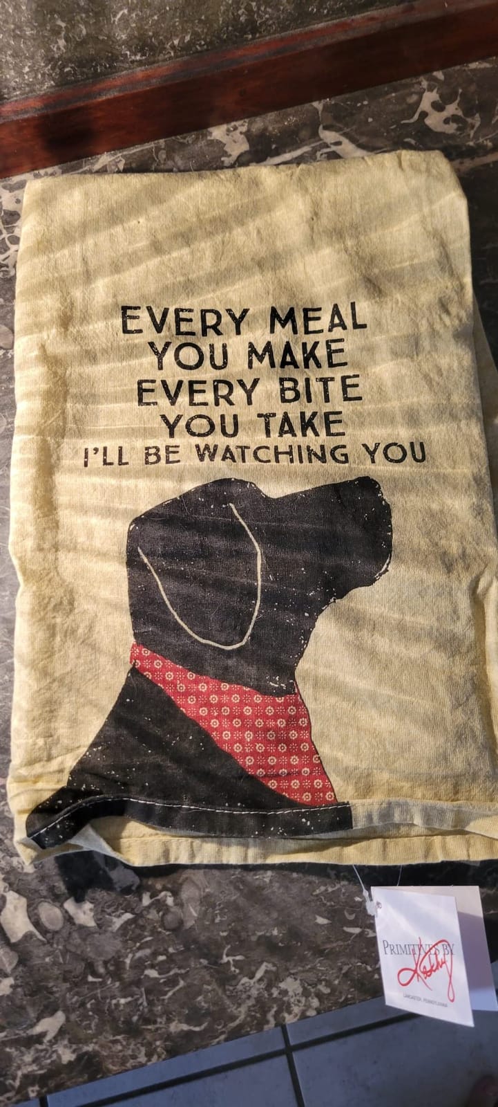 Primitives by Kathy Funny Kitchen Towel, Gifts for Dog Lovers, Bandana Dog Every Meal You Make I'll Be Watching You, Machine Washable, 28 by 28 Inches, Rustic Pet Kitchen Decor, Tan Cotton customer photo 1
