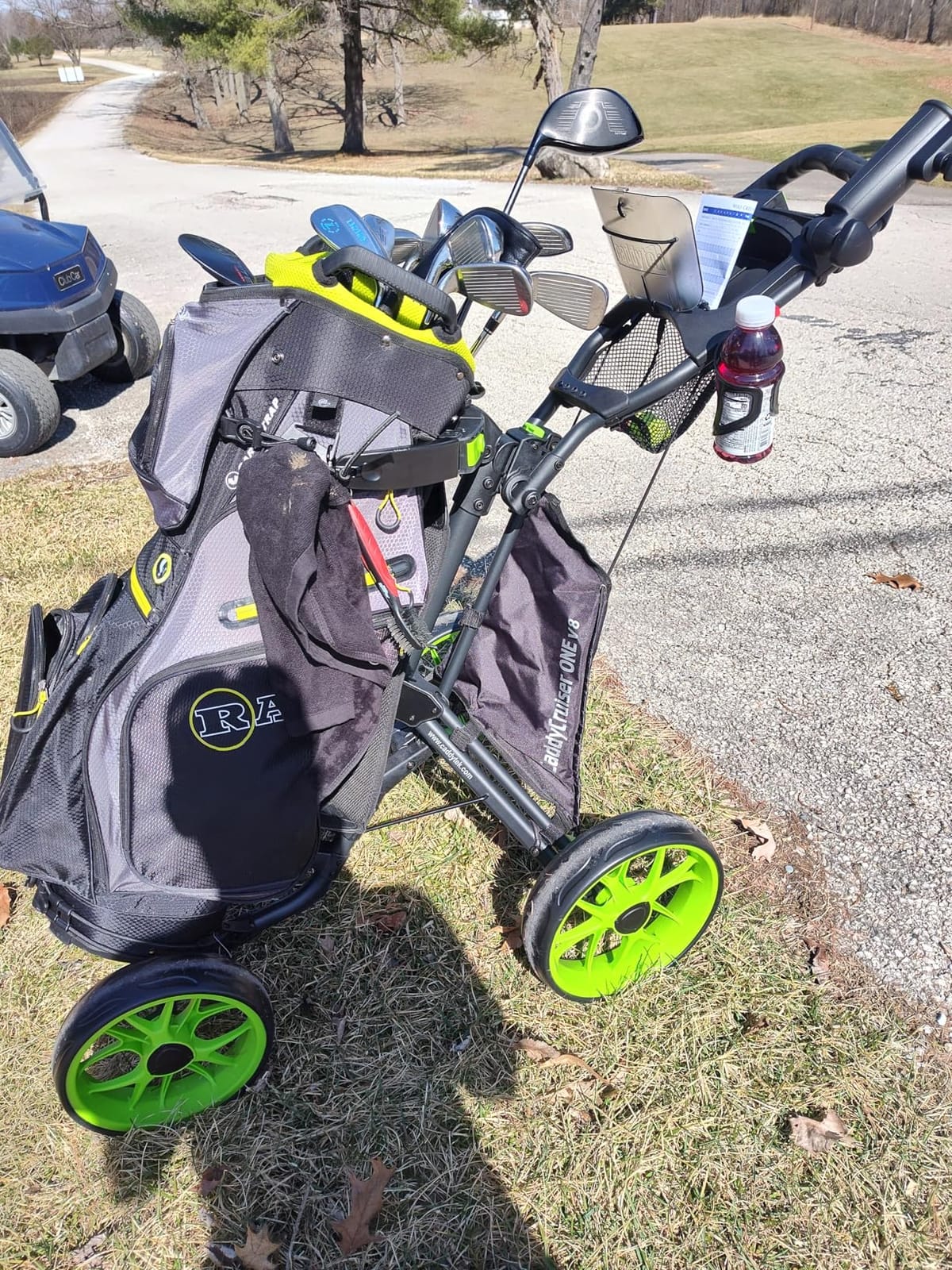 CaddyTek 4 Wheel Golf Push Cart - Caddycruiser One Version 8 1-Click Folding Trolley - Lightweight, Compact Pull Caddy Cart, Easy to Open customer photo 1