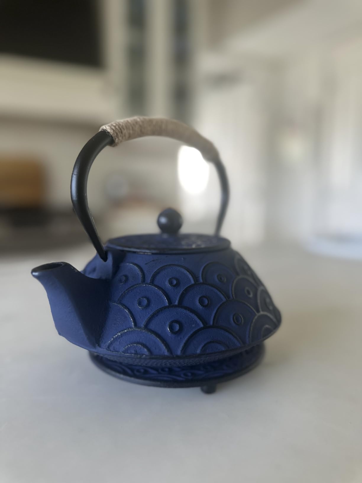 Japanese Style Cast Iron Teapot Set Tetsubin Kettle with Infuser | Tetsubin Kettle with Trivet 4 Tea Cups Hemp Rope Asian Gift for Adults Parents (Fish Scale Pattern, Blue,Anti Rust) customer photo 2