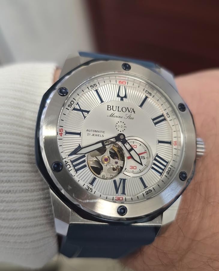 Men's Marine Star 'Series A' Automatic Stainless Steel Case with Blue Textured Silicone Strap, Open Aperture, Silver White Dial Model: 98A225 customer photo 1
