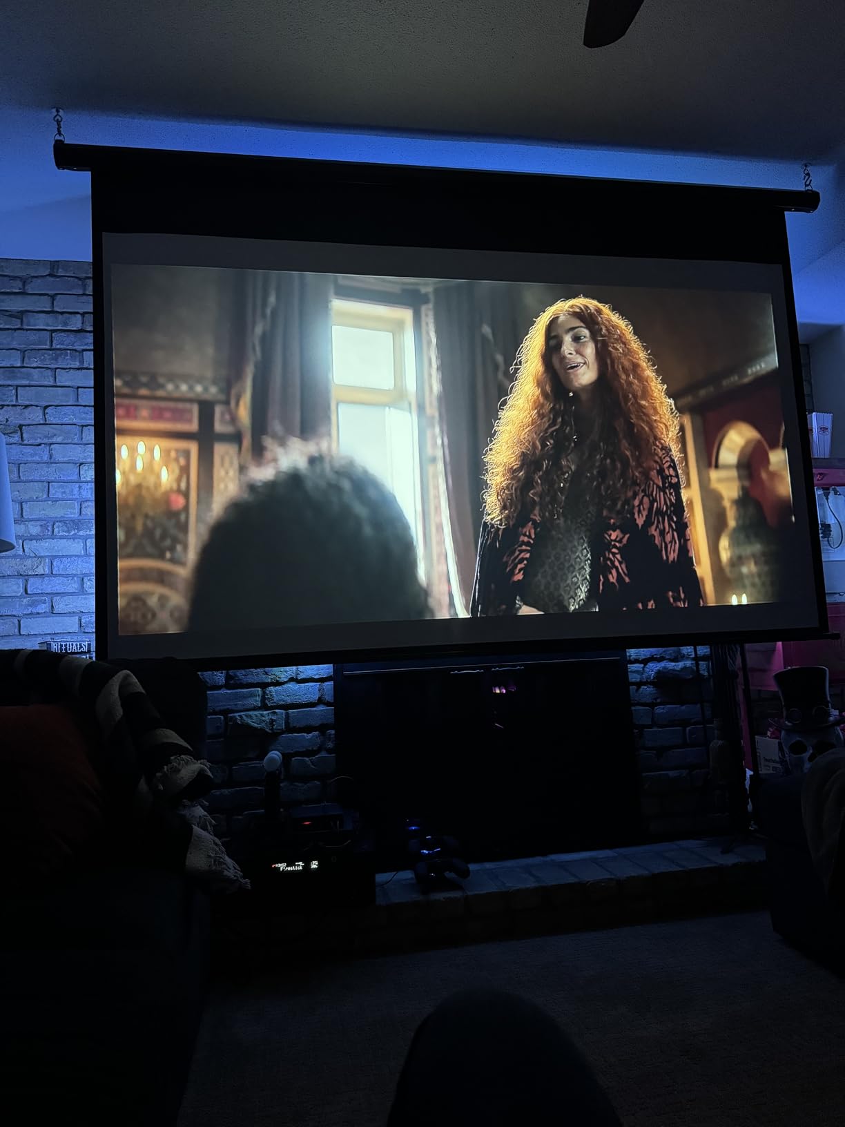 Motorized Projector Screen with Remote Control, 100 inch 16:9 HD Diagonal | Electric Automatic Indoor and Outdoor Movie Screen, Wall/Ceiling Mount for Family Home Office Theater, Black customer photo 1