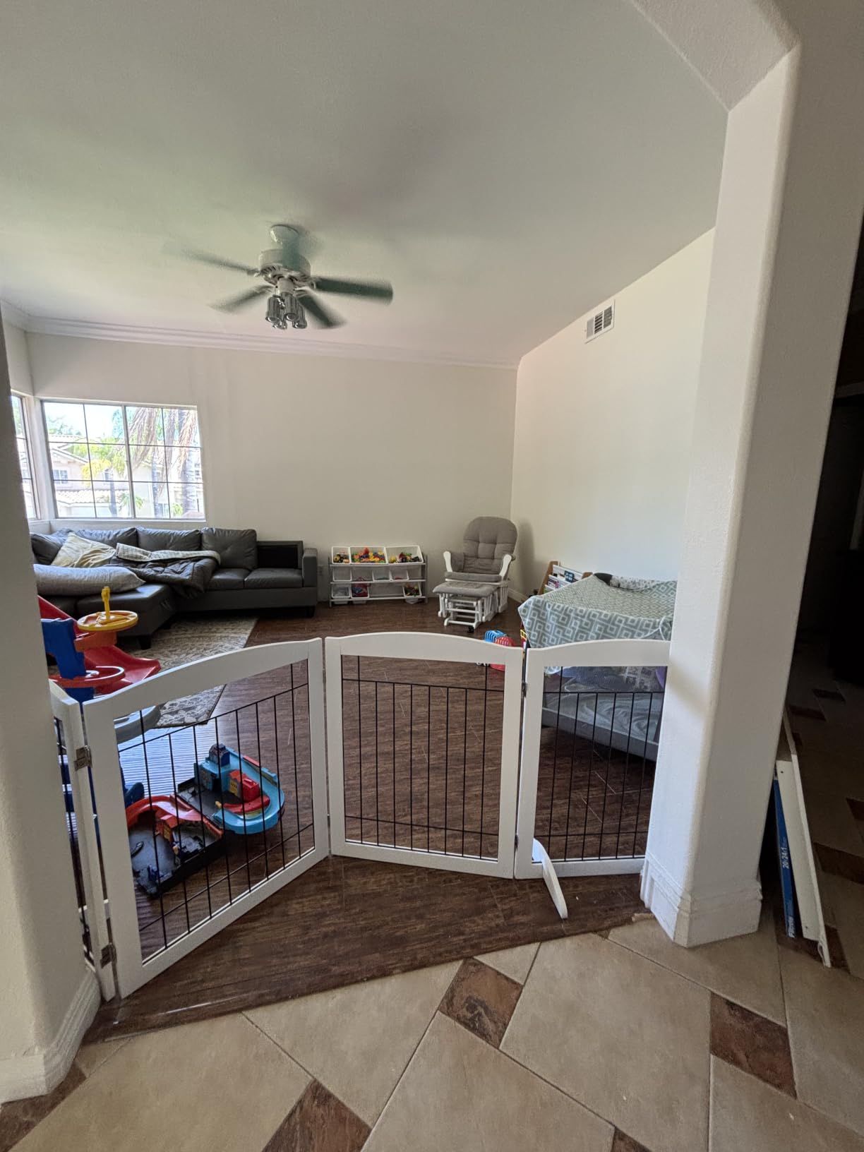PAWLAND Extra Wide Dog Gate for The House, Doorway, Stairs, Dog Fences Indoor, Freestanding Foldable Wooden Pet Gates for Dogs, Set of Support Feet Included, 96 in Wide 30 in Tall, 4 Panels White customer photo 1