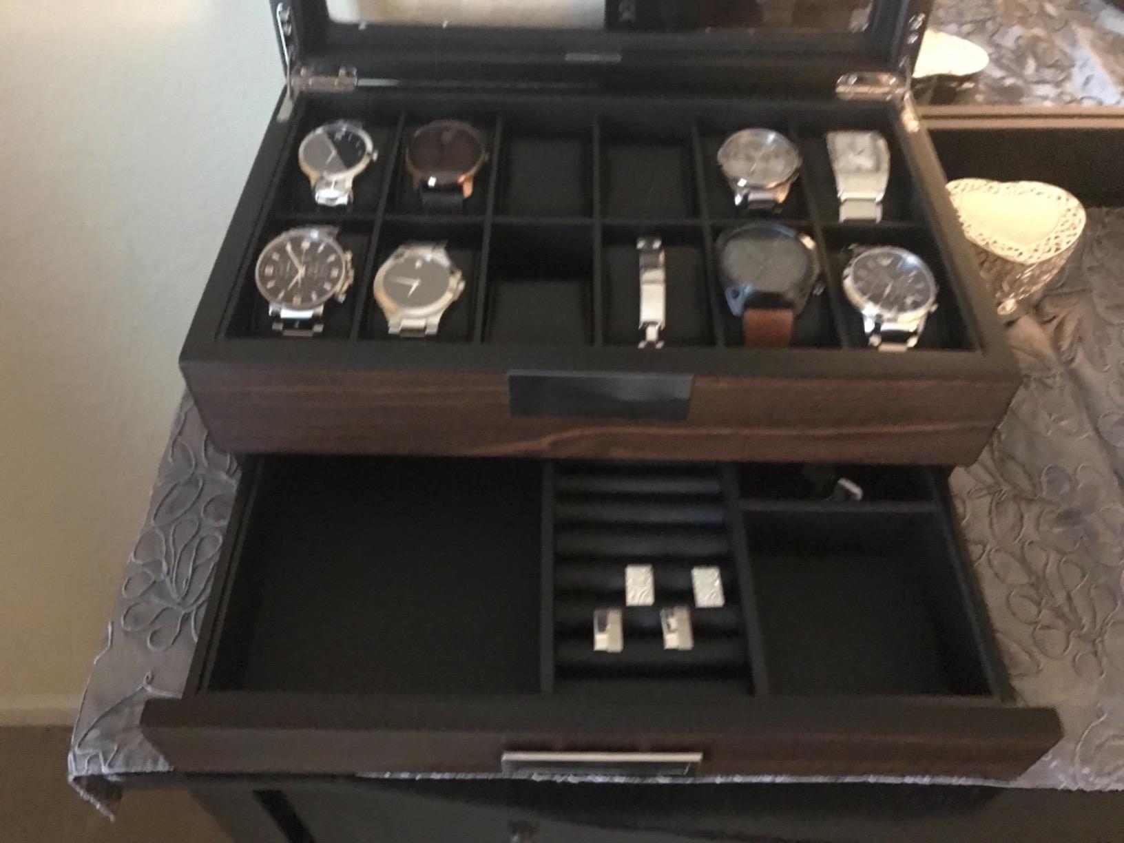 Lifomenz Co Men's Watch Box Organizer - 12 Slot Premium Walnut Wood Watch Display Case with Valet Drawer, Glass Window & Leather Interior customer photo 2