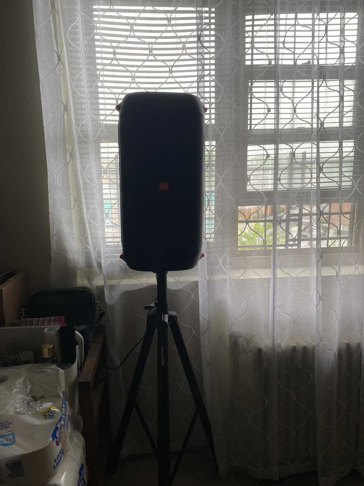 Amazon Basics Adjustable Height Tripod Speaker Stand, Sturdy Steel, Holds up to 99.2 lbs, 52