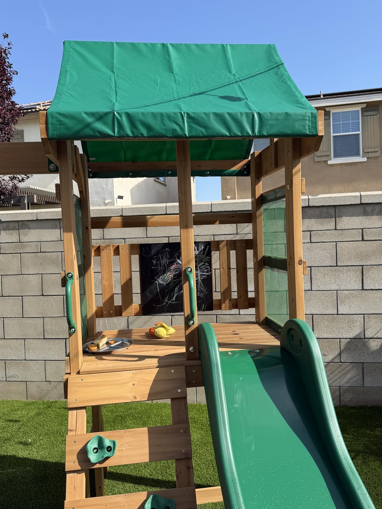 Backyard Discovery Buckley Hill Cedar Wood Swing Set with Wave Slide, Play Deck, Rock Wall Ladder, Belt Swings, Chalkboard, Canopy Roof, Outdoor Playset customer photo 1