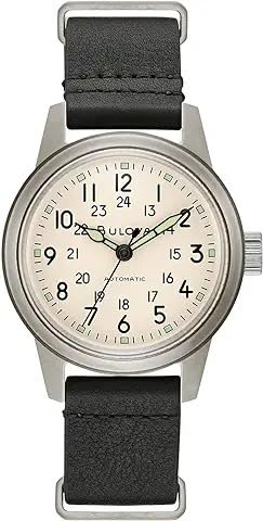 Bulova Men's Military Heritage Hack Stainless Steel 3-Hand Automatic Watch, NATO Leather Strap, Luminous Hands and Markers, Black Leather/Ivory Dial customer photo 1