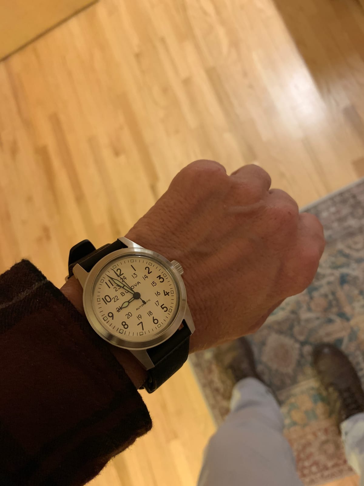 Bulova Men's Military Heritage Hack Stainless Steel 3-Hand Automatic Watch, NATO Leather Strap, Luminous Hands and Markers, Black Leather/Ivory Dial customer photo 2
