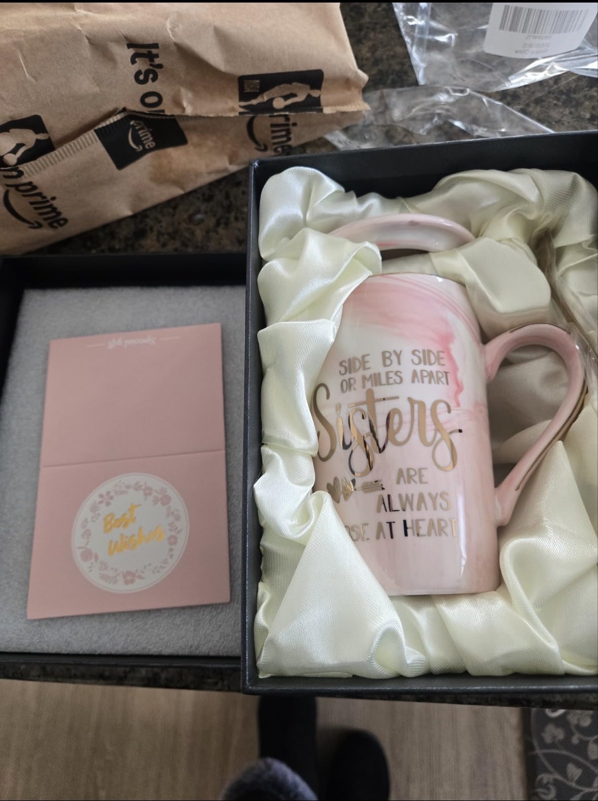 Sister Birthday Gifts for Sister from Brother Sisters, 14oz Sisters Mug | 14oz Pink Marble Coffee Mug with Gold Print, Lid, Spoon, Greeting Card and Elegant Gift Box, Present for Big Sister customer photo 1