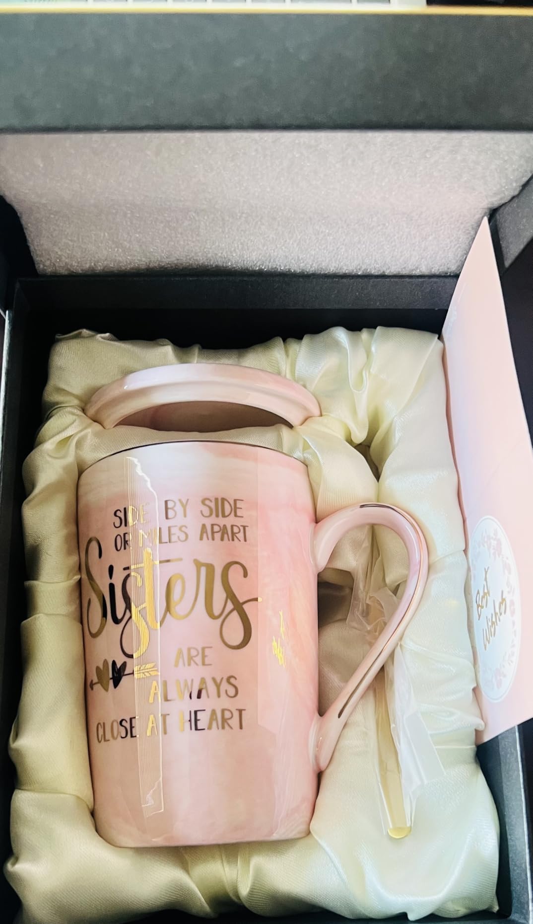 Sister Birthday Gifts for Sister from Brother Sisters, 14oz Sisters Mug | 14oz Pink Marble Coffee Mug with Gold Print, Lid, Spoon, Greeting Card and Elegant Gift Box, Present for Big Sister customer photo 2