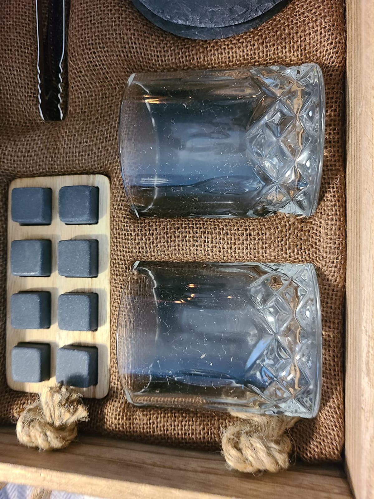 Mixology & Craft Whiskey Gift Set - Includes 2 Lead-Free Crystal Glasses, 8 Granite Chilling Stones, 2 Slate Coasters, Metal Tongs & Recipe Cards with a Wooden Army Crate Box customer photo 2