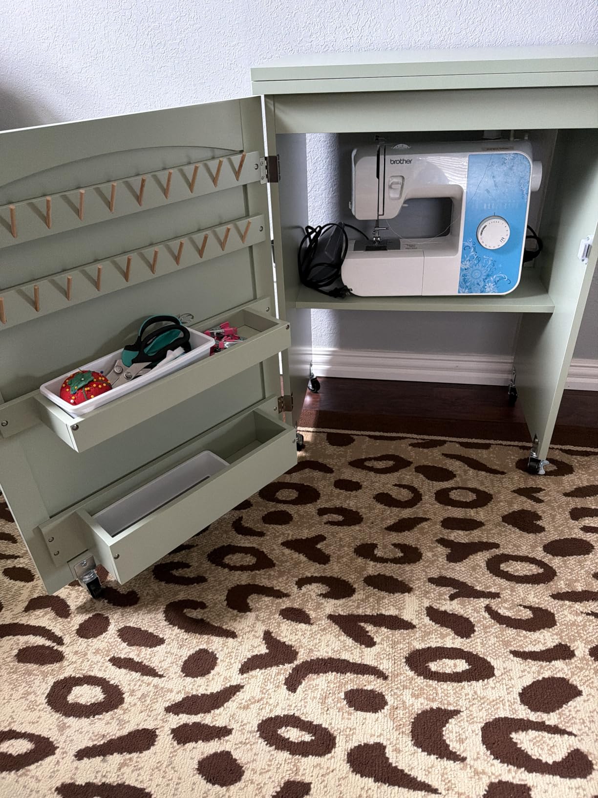 Best Choice Products Folding Sewing Table Multipurpose Craft Station & Side Desk with Compact Design, Wheels, Shelves, Storage Trays, Pegs, Magnetic Doors, Metal Doorknobs - White customer photo 1