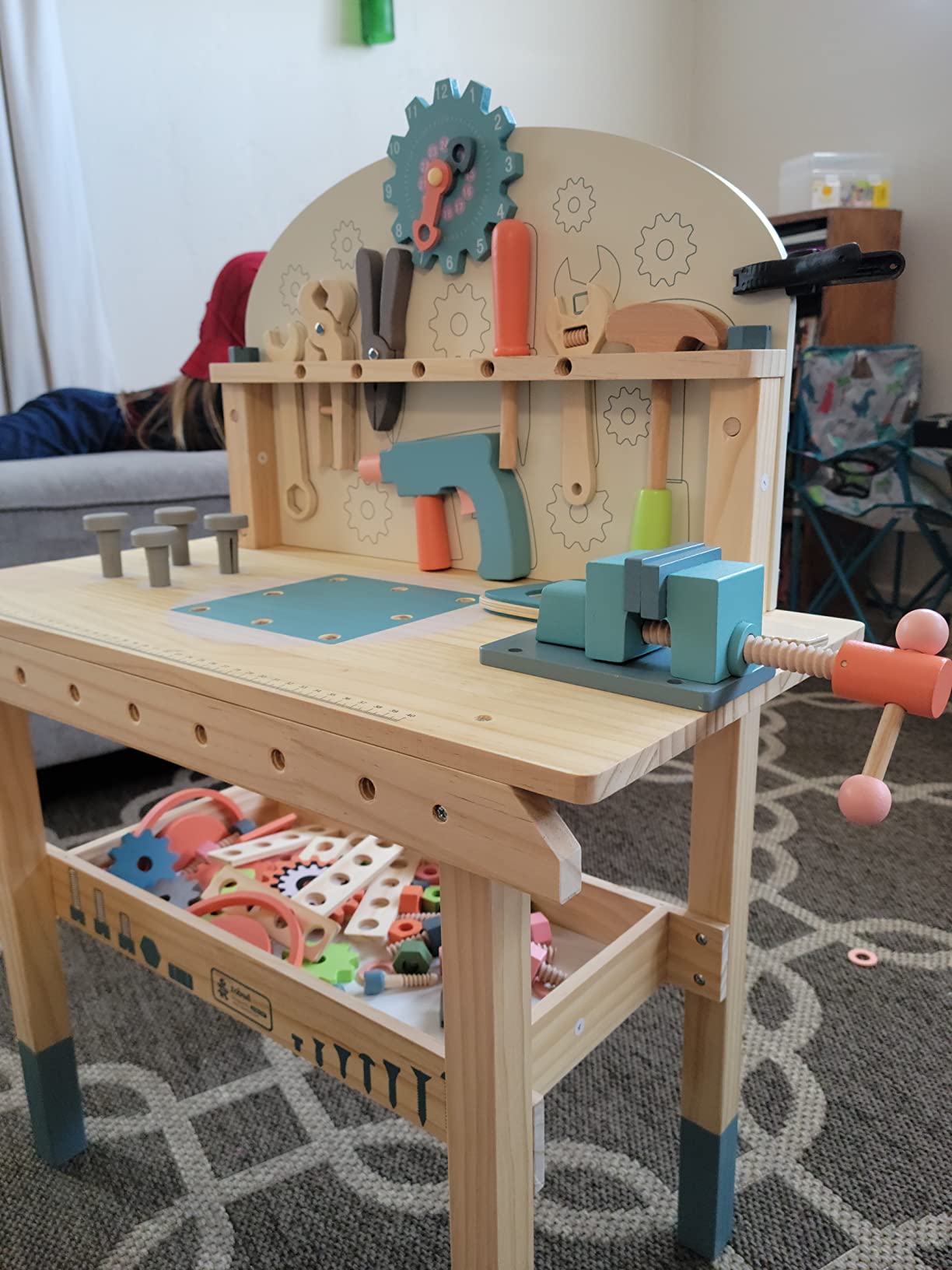 ROBUD Wooden Play Tool Workbench Set for Kids, Construction Toy Bench, Wooden tool workbench with realistic tools and accessories, inspiring creativity, role play, and hands-on building skills customer photo 2
