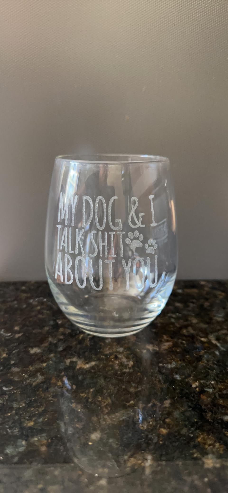 Stemless Wine Glass, My Dog & I Talk Shit About You, 15oz, Dog Mom Pet Gift | Dog Lover Gift, Engraved Design, Funny Wine Glass Gift, Pet Owner Gift, Dog Mom Gift, Sarcastic Dog Quote Glass, Gag Gift customer photo 1