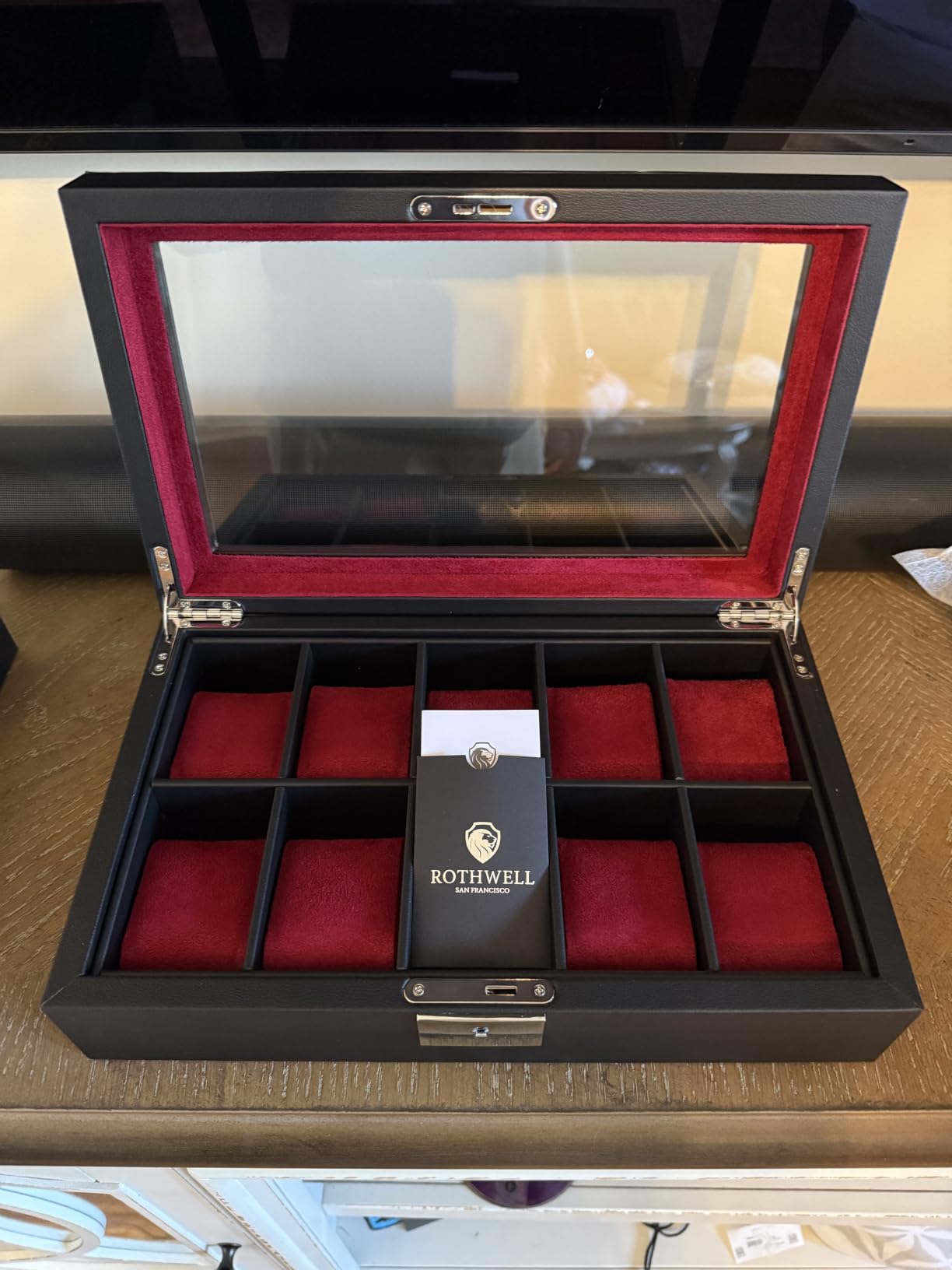ROTHWELL 10 Slot Leather Watch Box - Luxury Case Display Jewelry Organizer, Locking Watch Display Case Holder with Large Glass Top, Tan/Brown customer photo 2