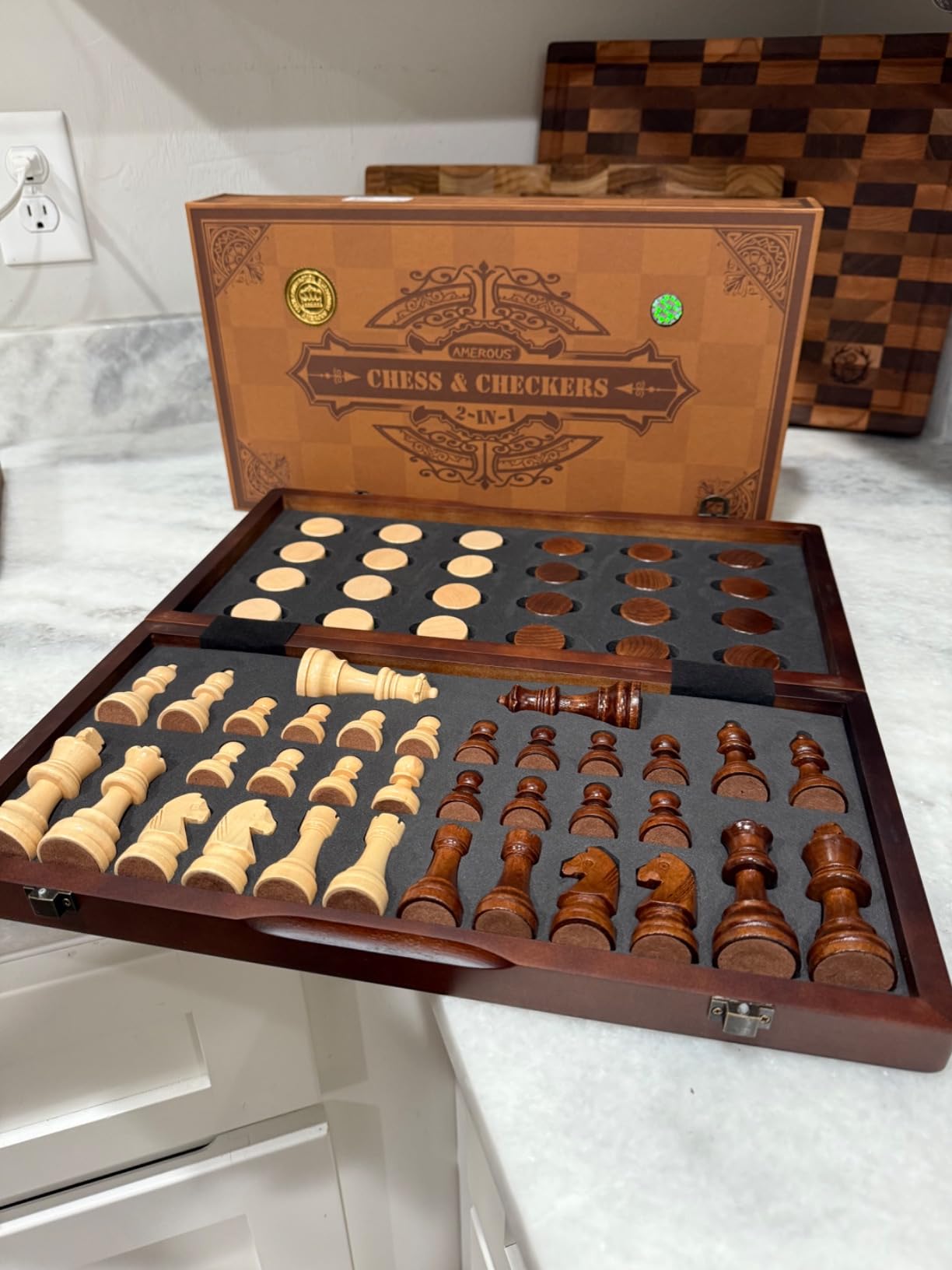 AMEROUS Magnetic Wooden Chess and Checkers Game Set, 15 Inches (2 in 1) Chess Board Games, 2 Extra Queens - Gift Package - Game Pieces Storage Slots, Beginner Chess Set for Kids, Adults customer photo 1