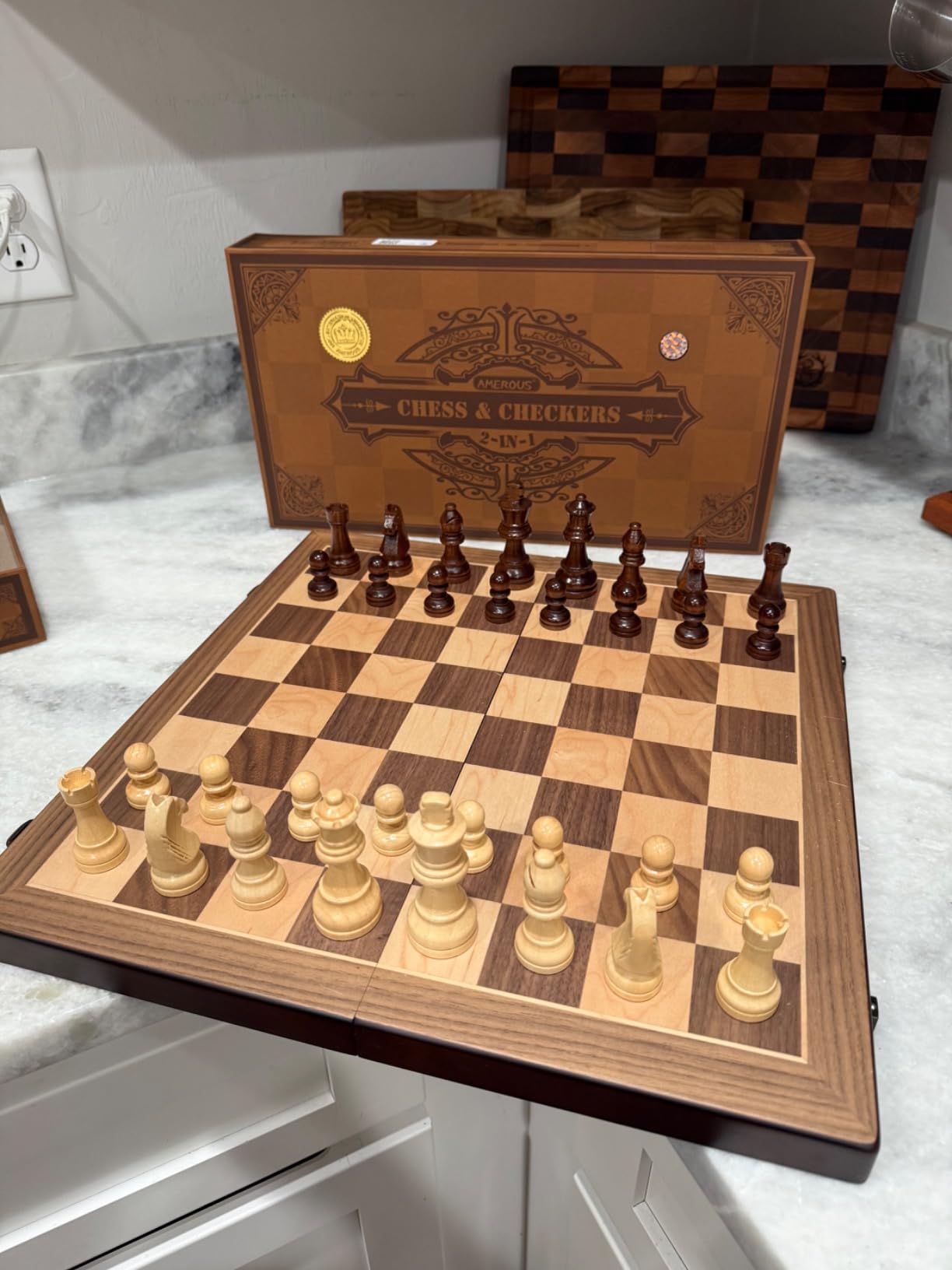 AMEROUS Magnetic Wooden Chess and Checkers Game Set, 15 Inches (2 in 1) Chess Board Games, 2 Extra Queens - Gift Package - Game Pieces Storage Slots, Beginner Chess Set for Kids, Adults customer photo 2