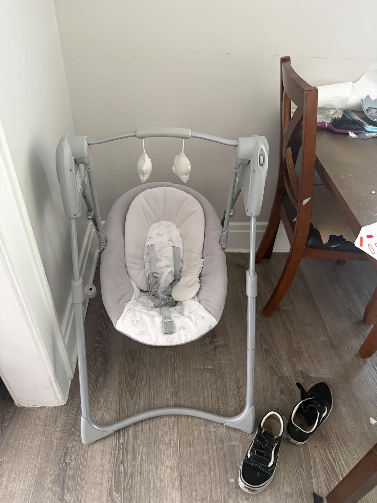 Graco Slim Spaces Compact Baby Swing, Space Saving Portable Bay Swing with Height Adjustable Legs & Soft Toys, Reign customer photo 2