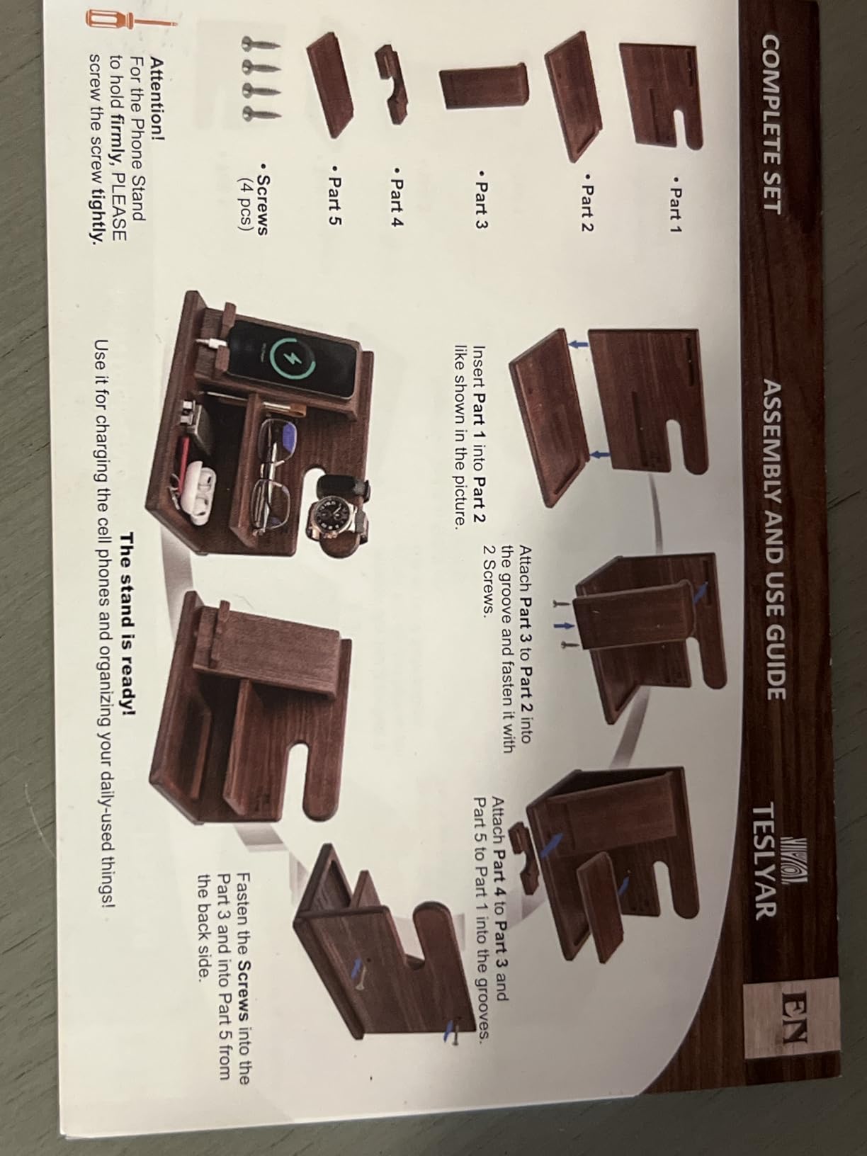 TESLYAR Wood Phone Docking Station for Men - Desktop or Nightstand Organizer - Birthday Gifts for Men, Dad - Anniversary Idea from Wife - Key Holder, Stand Wallet, Watch & Essentials (Bourbon Brown) customer photo 1