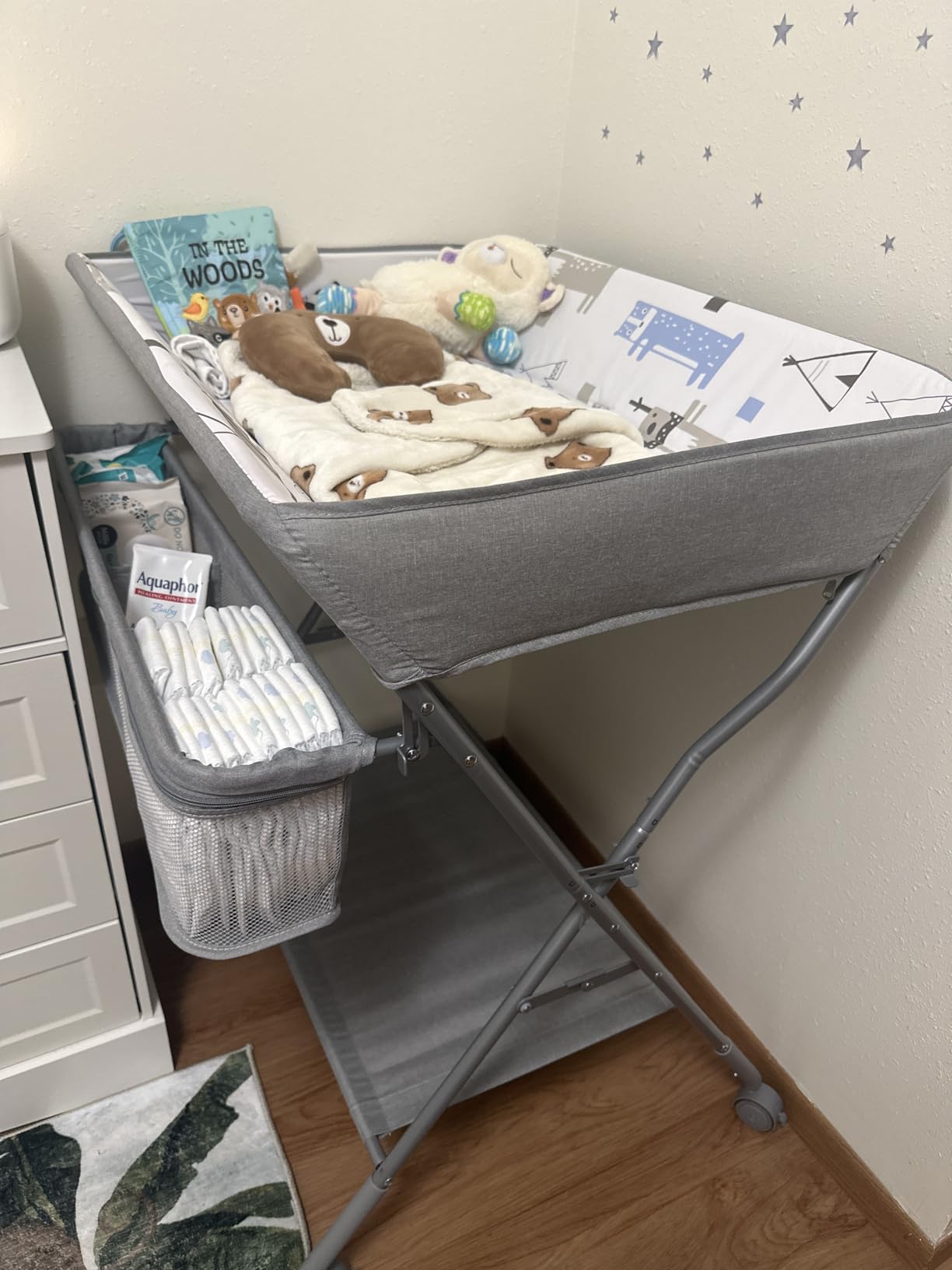 Baby Changing Table with Wheels, Maydolly Portable Adjustable Height Folding Diaper Station with Nursery Organizer & Storage Rack for Newborn Baby and Infant (Light Grey) customer photo 1