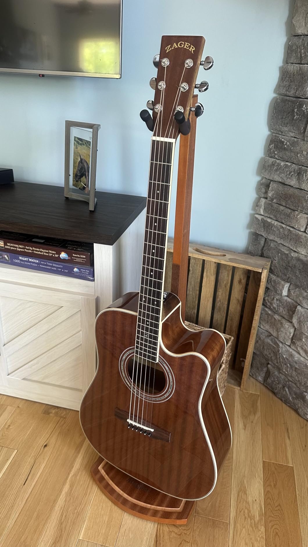 Guitar Stand, Walnut Wood Acoustic Guitar Stand Floor with Hanging Yoke | Fit Electric/Banjo/Mandolin, Handcrafted, Single Holder, for Home Decor Studio Display, Soft Pad, Space Saving, Gift Choice customer photo 1