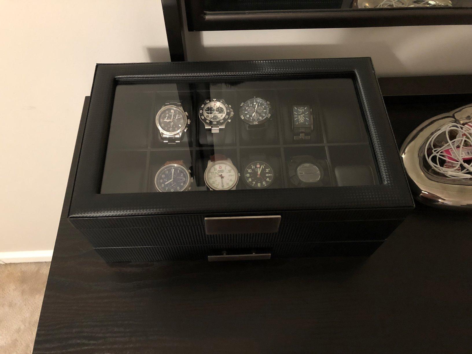Glenor Co Watch Box with Valet Drawer for Men - 12 Slot Luxury Watch Case Display Organizer, Metal Buckle for Mens Jewelry Watches, Men's Storage Boxes Holder has Large Glass Top - PU Leather Brown customer photo 1