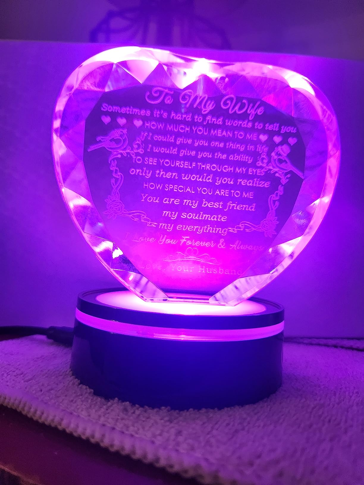 YWHL Gifts for Wife I Love You Gift Idea for Wedding Anniversary & Birthday | Heart Crystal to My Wife Keepsake Gifts with Colorful LED Base, Presents for Wife Her on Mother's Day, Christmas, Valentines customer photo 1